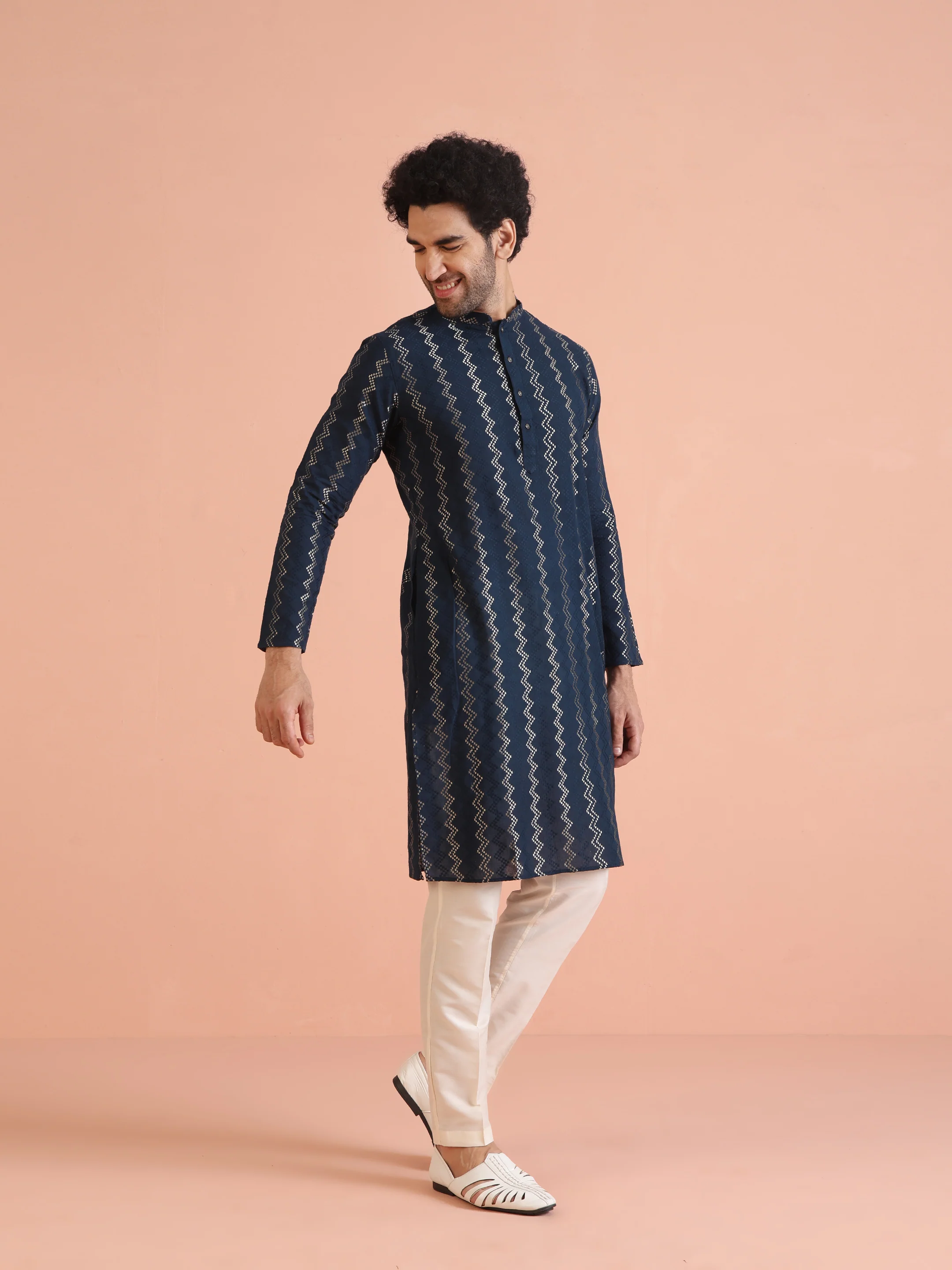 Teal Blue Jacquard Kurta Trouser Set - Image 3