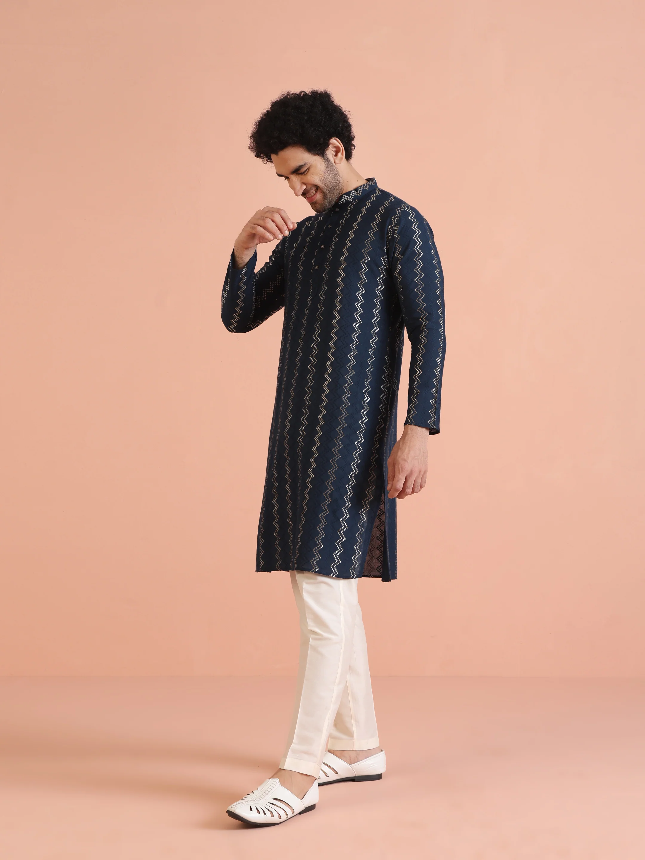 Teal Blue Jacquard Kurta Trouser Set - Image 4