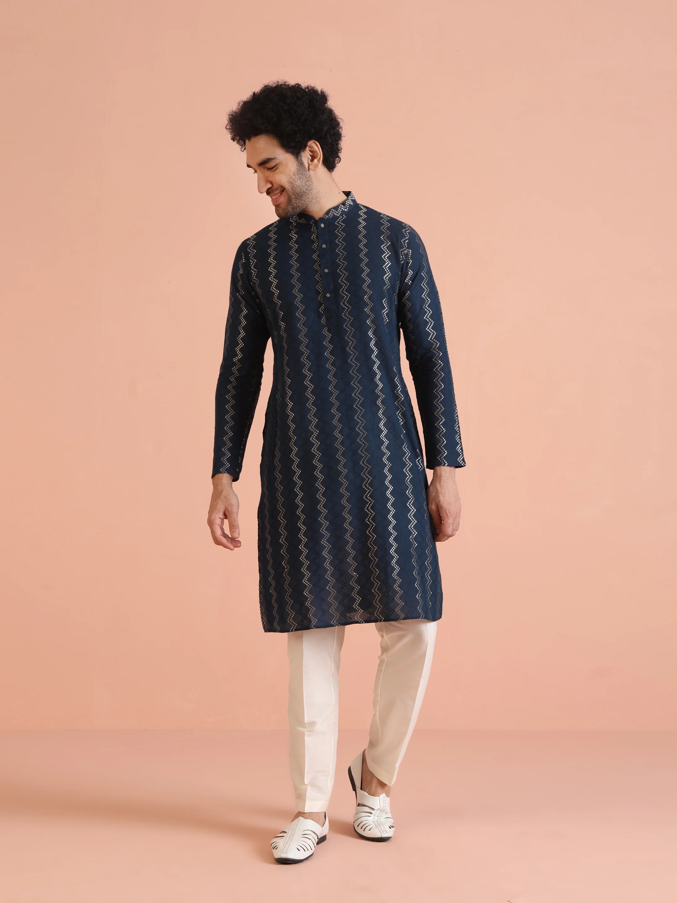 Teal Blue Jacquard Kurta Trouser Set - Image 8