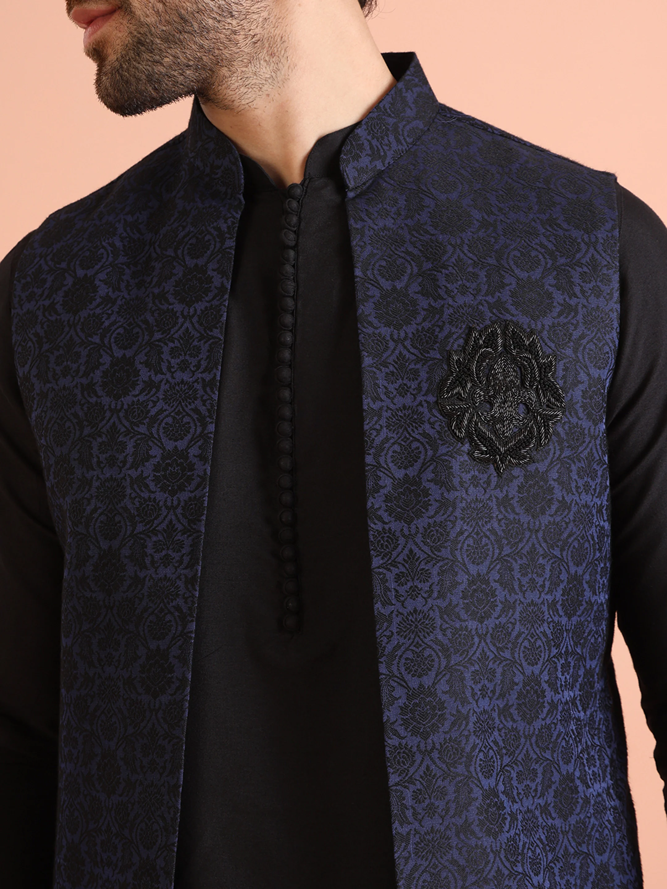 Navy Blue Cotton Silk Ethnic Motifs Nehru Jacket Kurta Trouser - Image 5