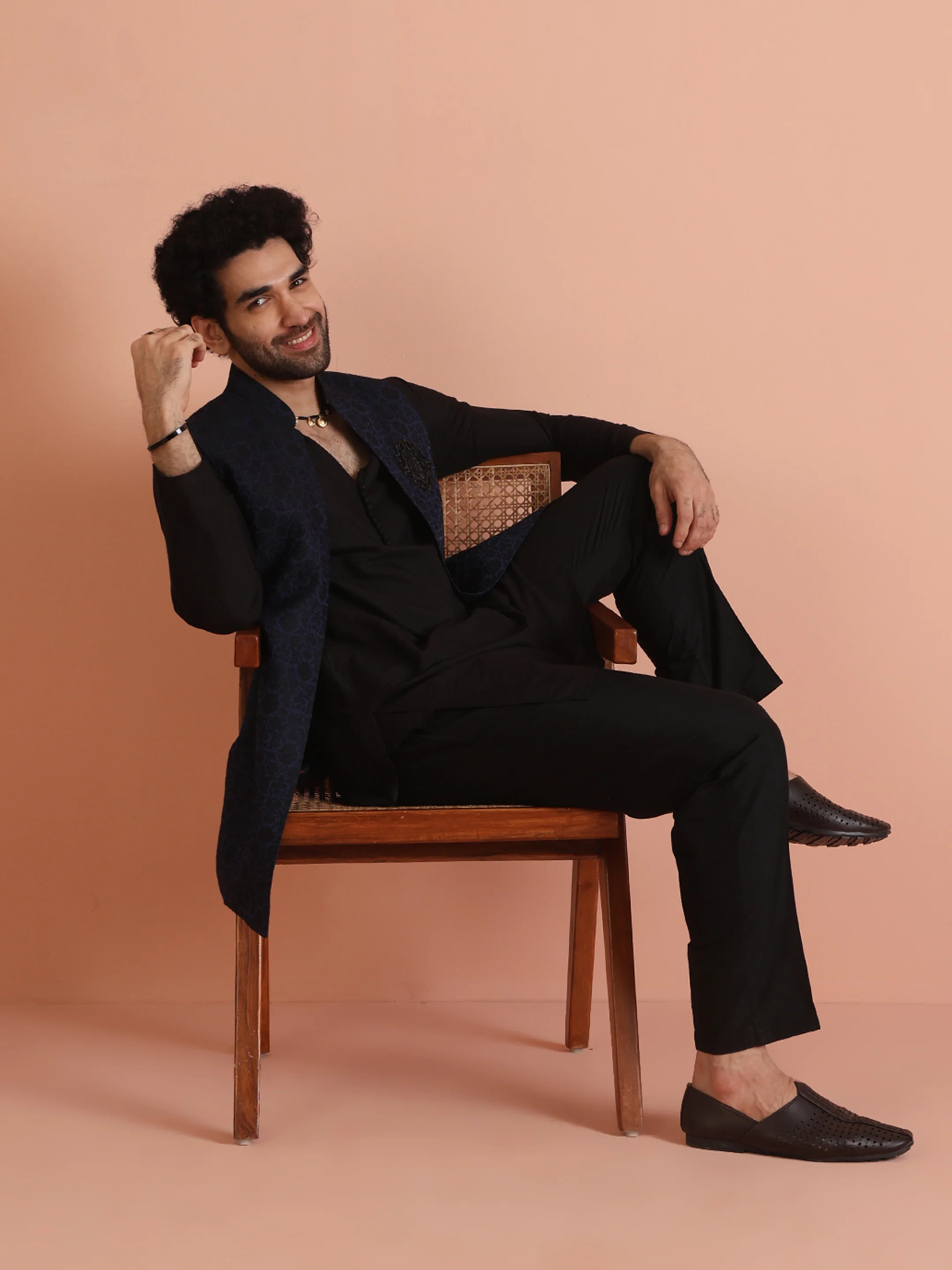 Navy Blue Cotton Silk Ethnic Motifs Nehru Jacket Kurta Trouser - Image 8
