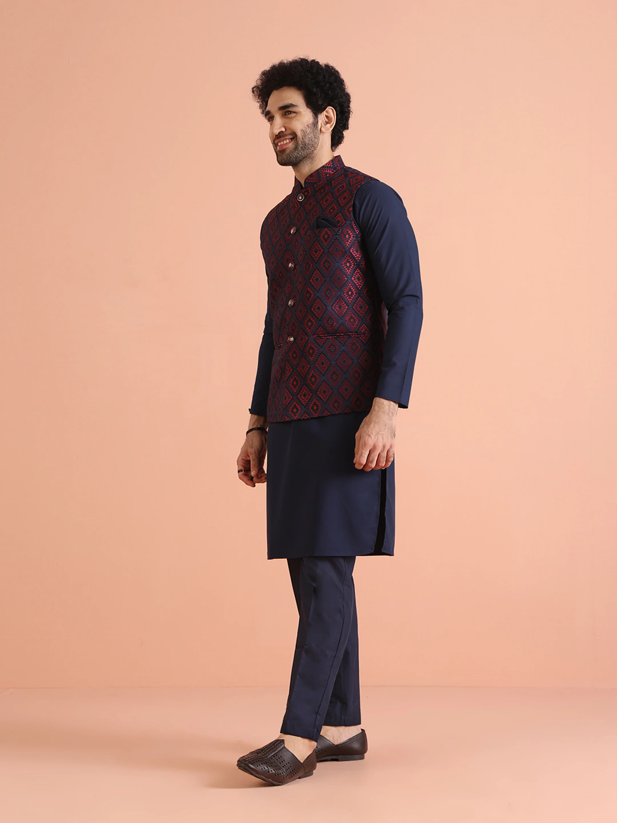 Navy Blue Silk Geometric Nehru Jacket Kurta Set - Image 4