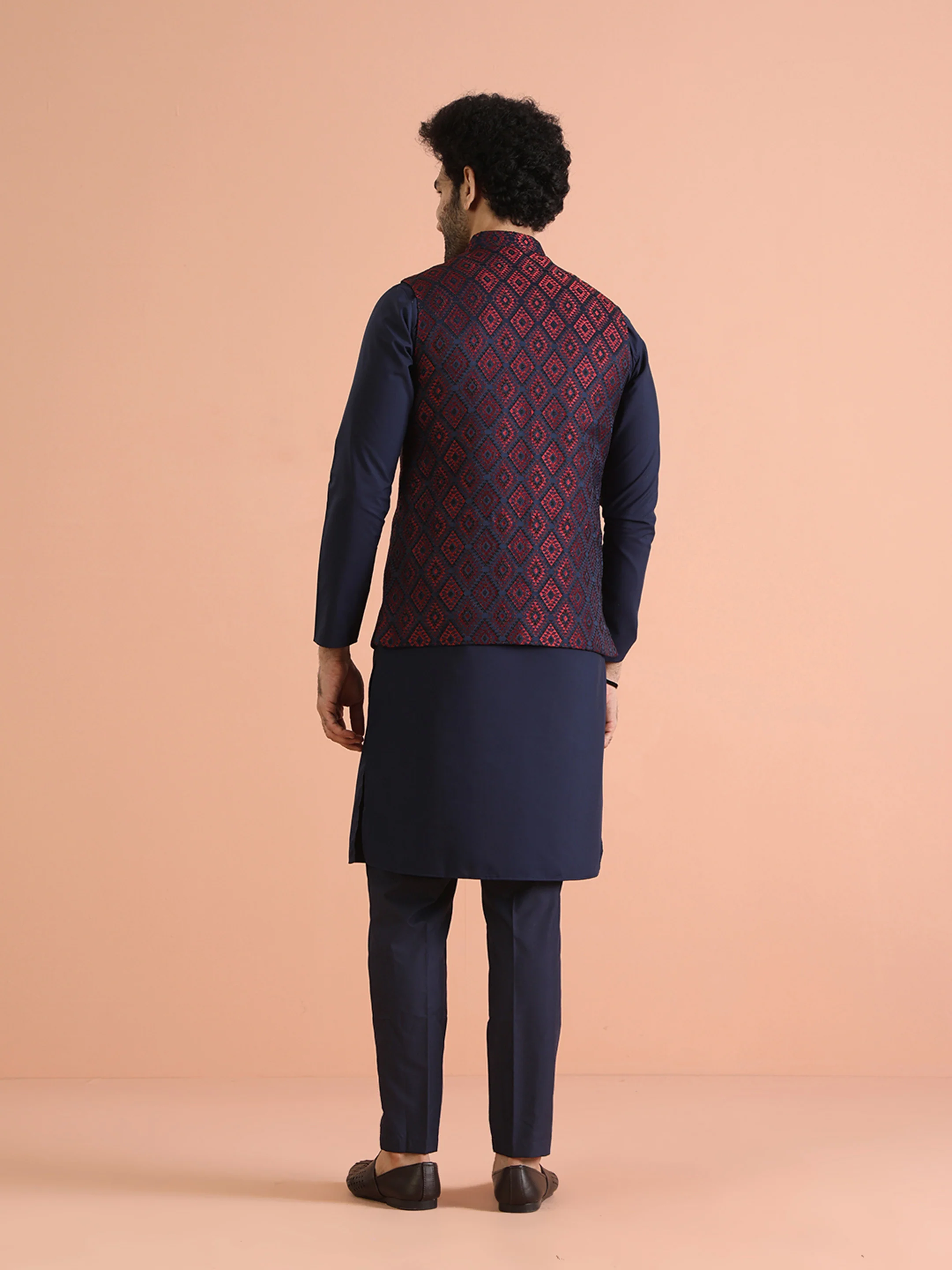 Navy Red Cotton Silk Textured Nehru Jacket - Image 4