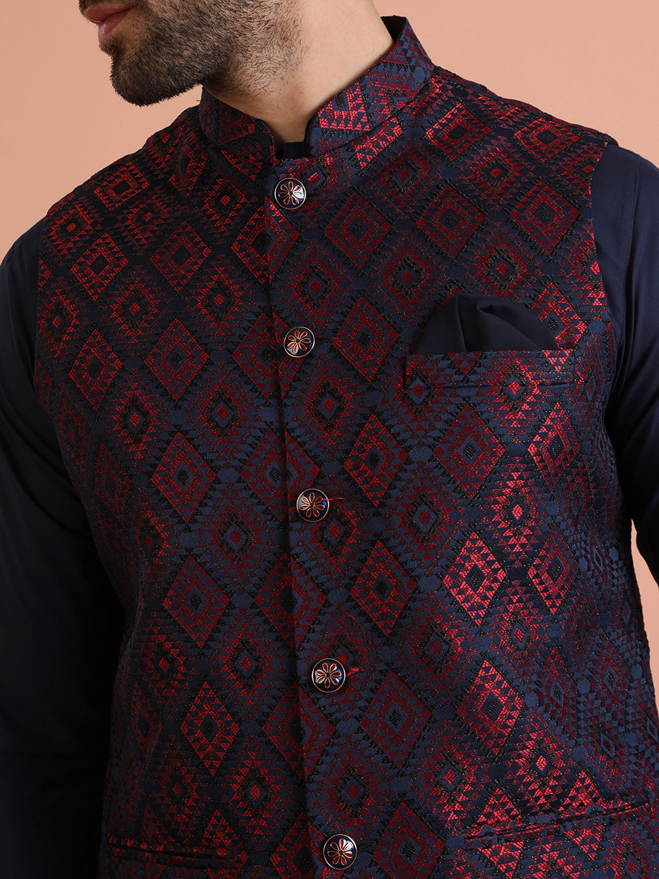 Navy Red Cotton Silk Textured Nehru Jacket - Image 5