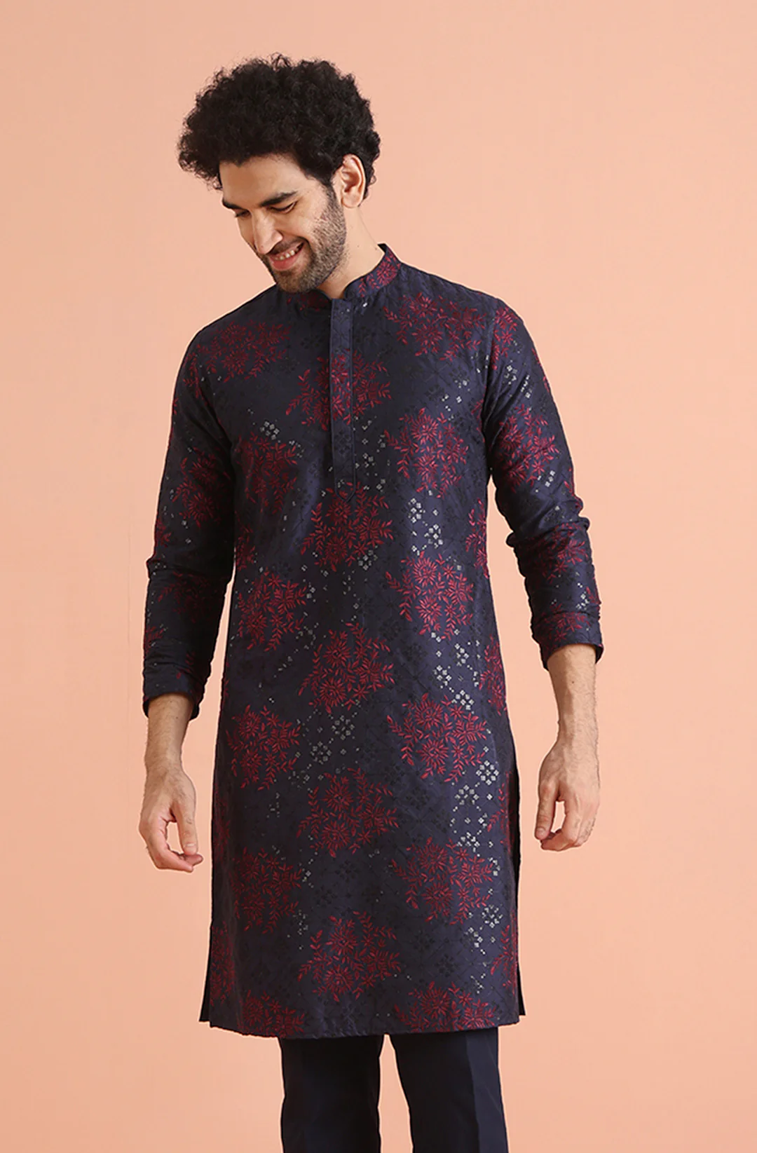 Navy Blue & Maroon Textured Nehru Jacket - Image 2