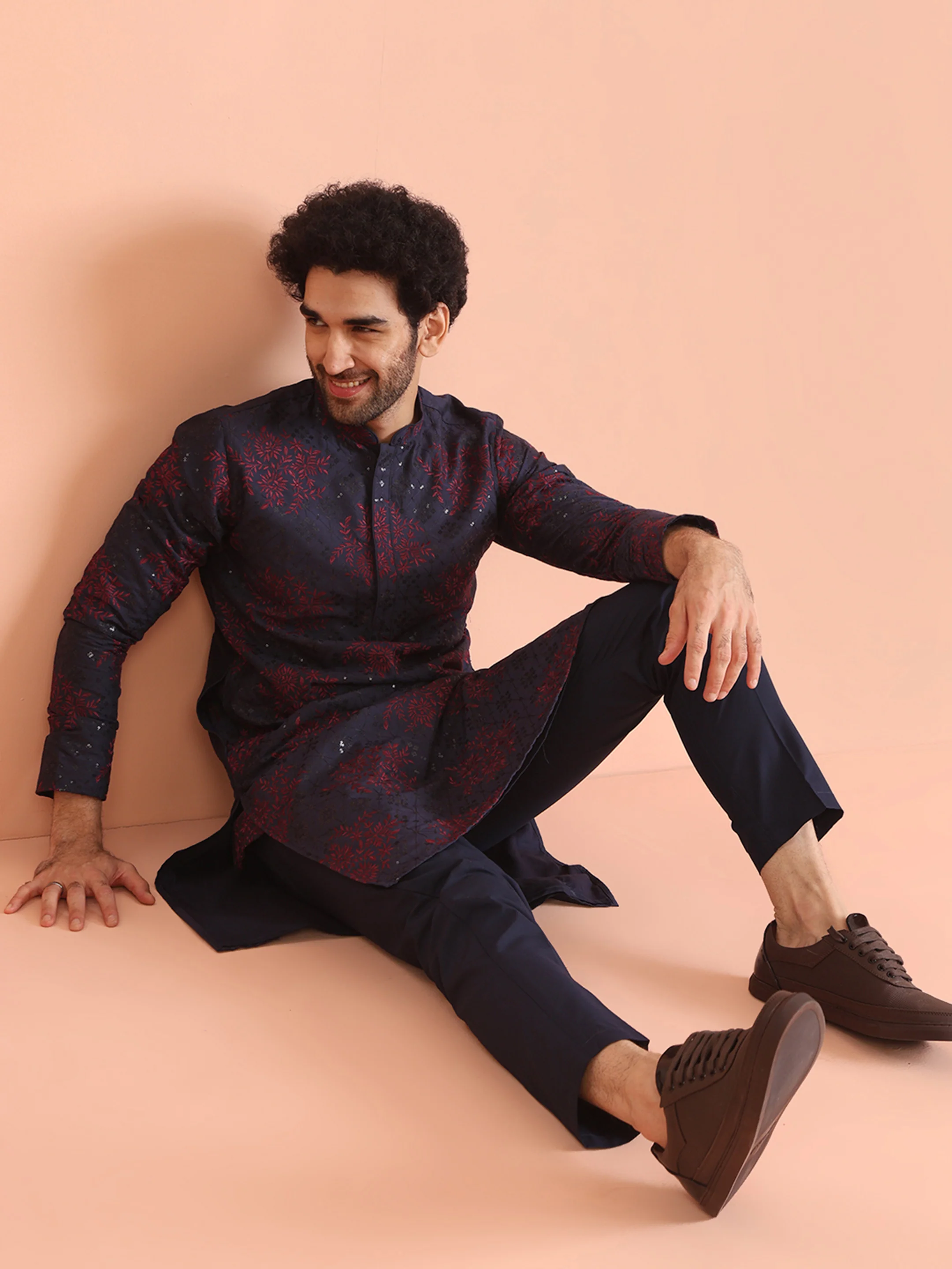Navy Blue & Maroon Textured Nehru Jacket - Image 7