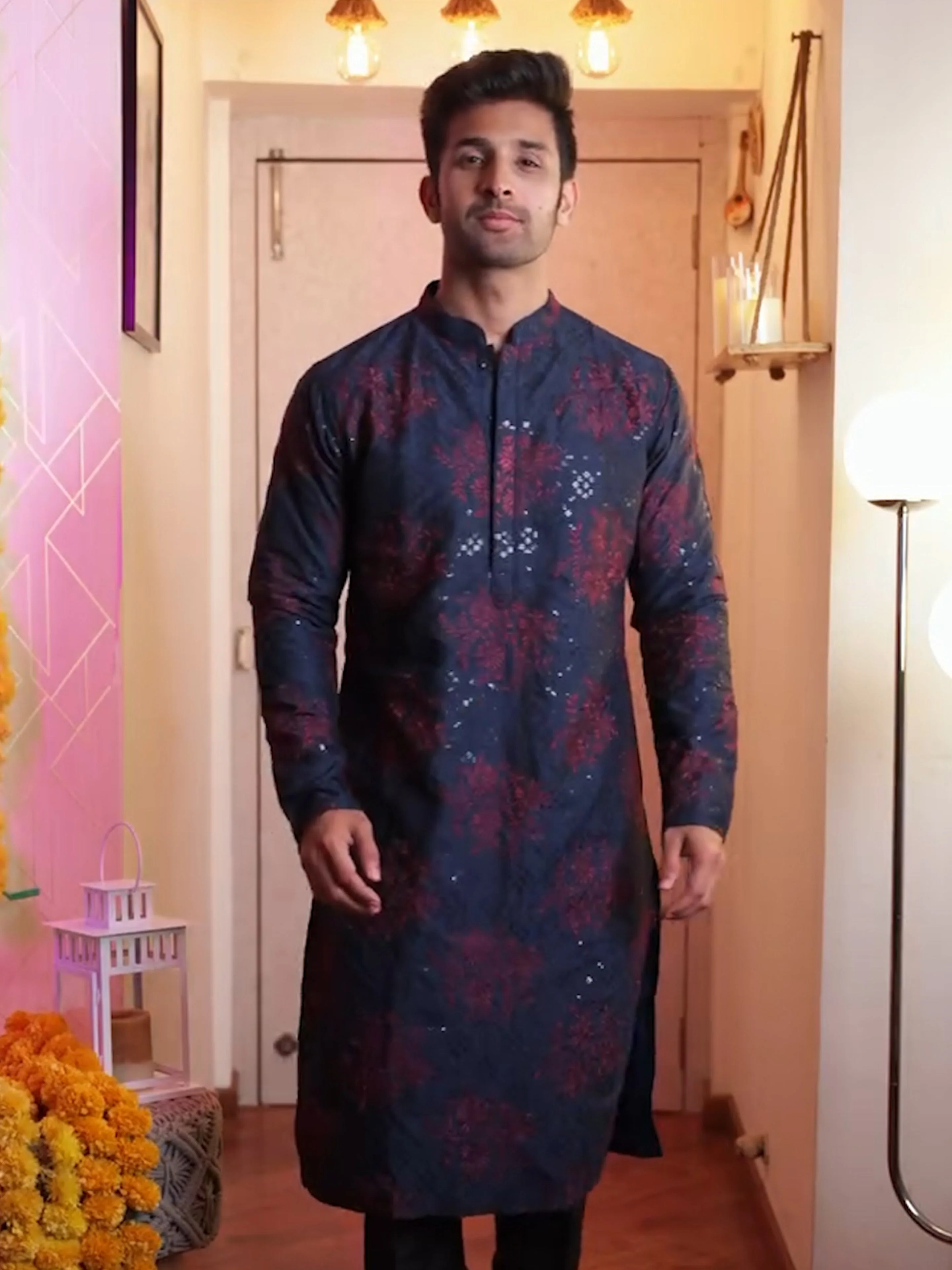 Navy Blue & Maroon Textured Nehru Jacket - Image 8