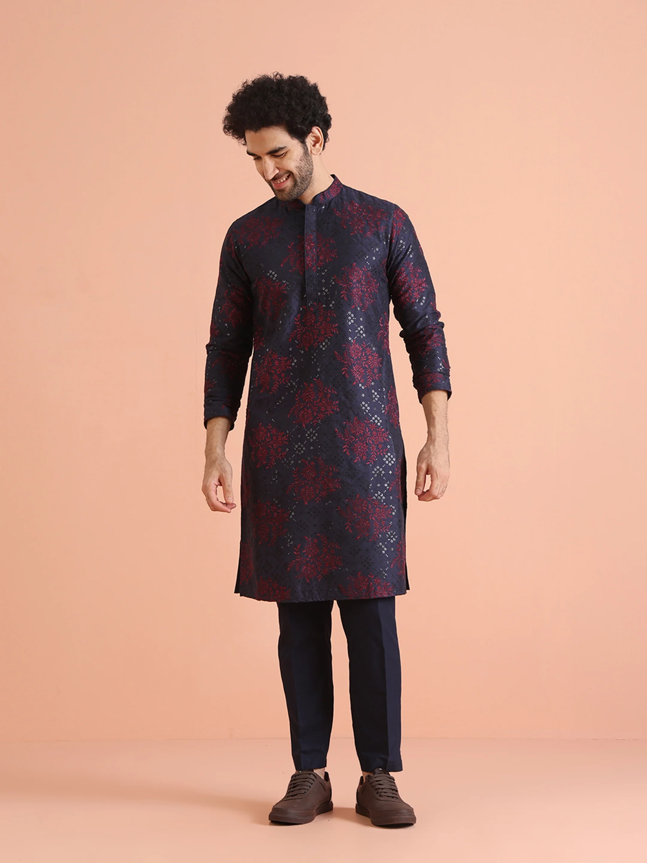Men Navy Blue Heavy Thread Work Kurta Trouser Set - Image 2