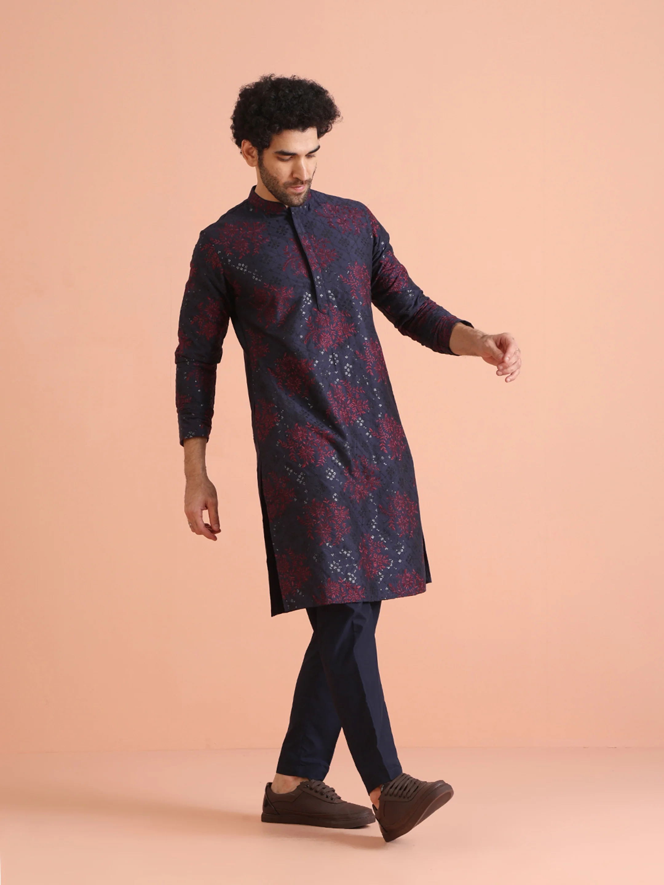 Men Navy Blue Heavy Thread Work Kurta Trouser Set - Image 3
