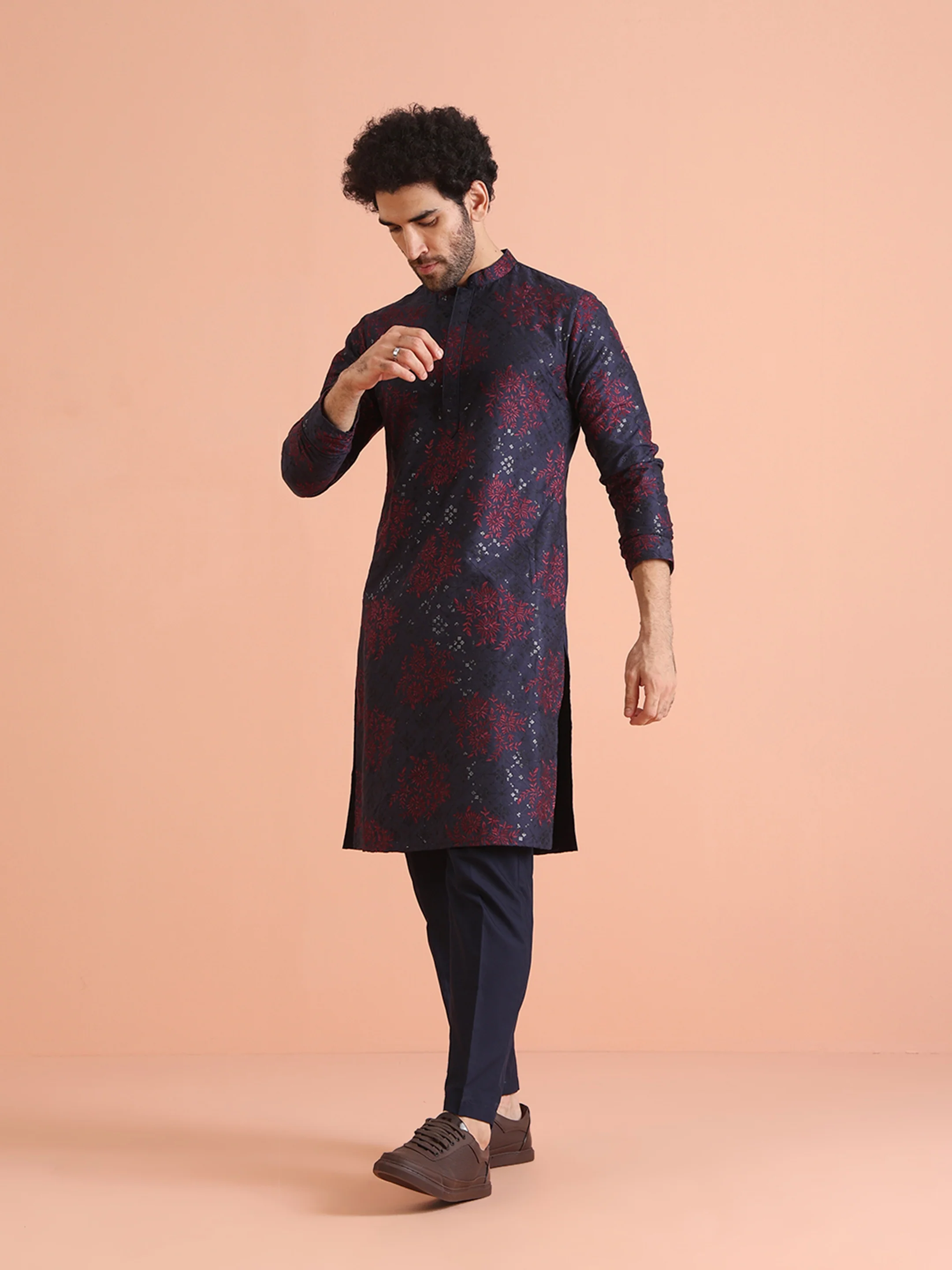 Men Navy Blue Heavy Thread Work Kurta Trouser Set - Image 4