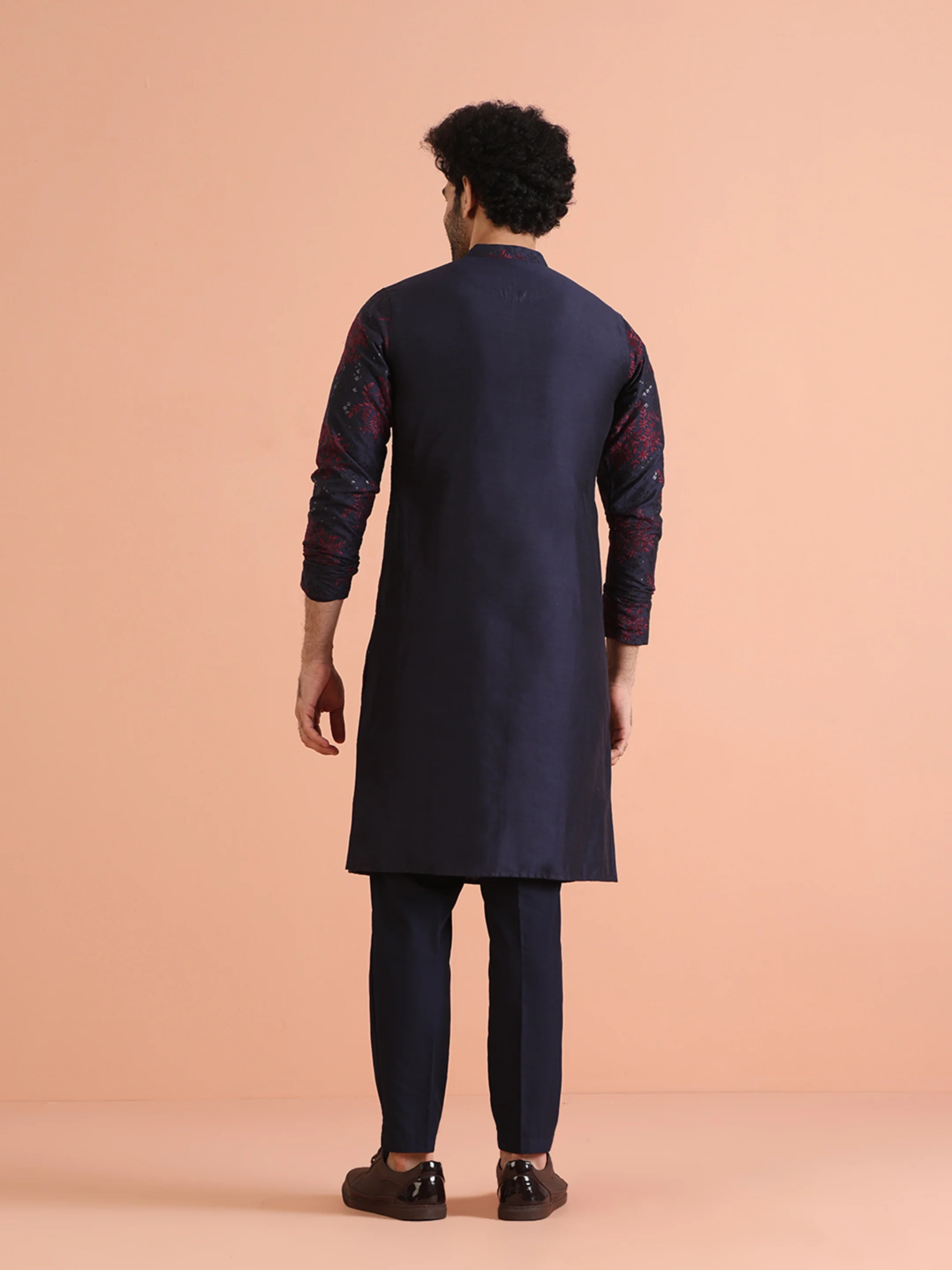 Men Navy Blue Heavy Thread Work Kurta Trouser Set - Image 5
