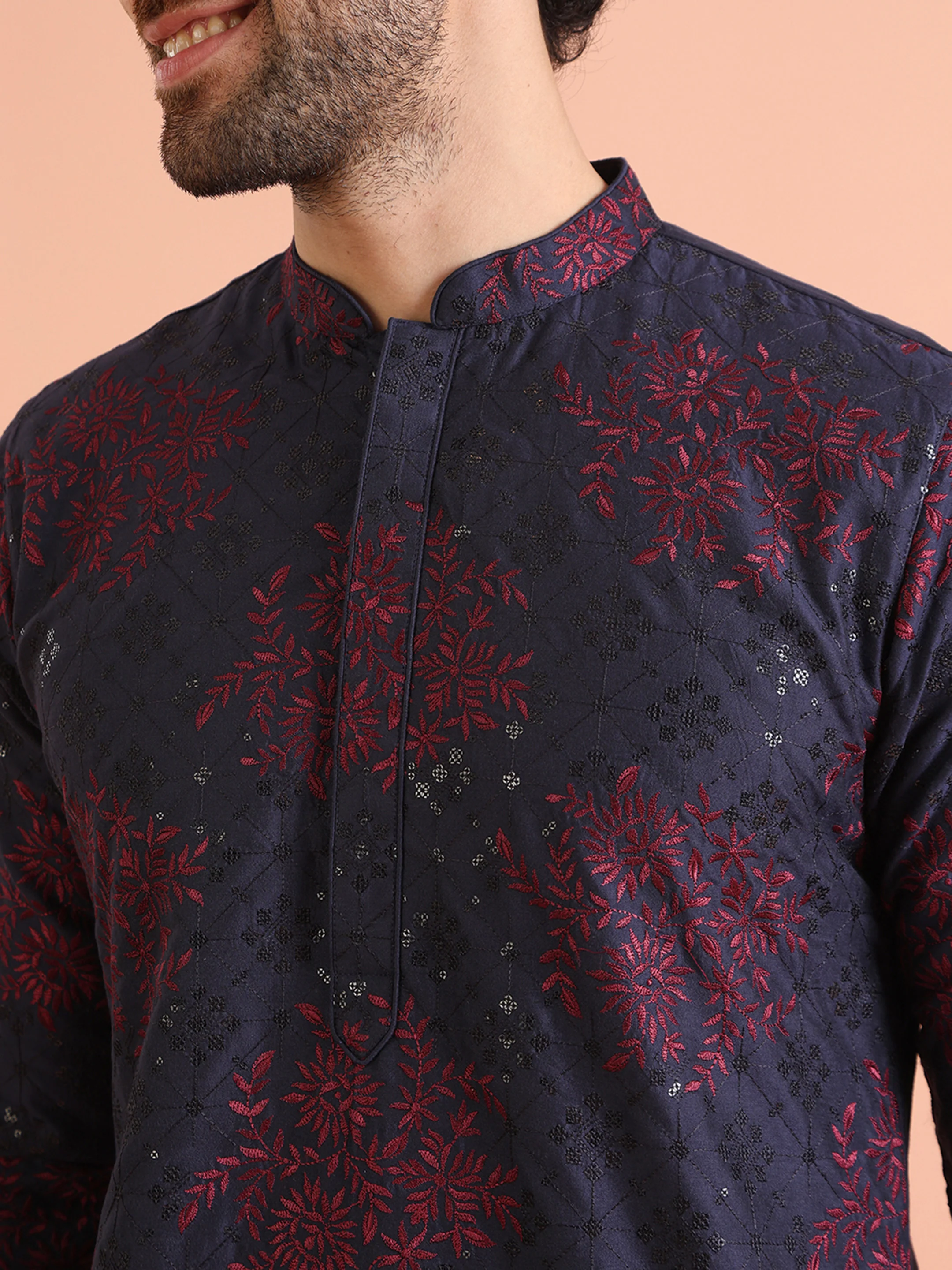 Men Navy Blue Heavy Thread Work Kurta Trouser Set - Image 6
