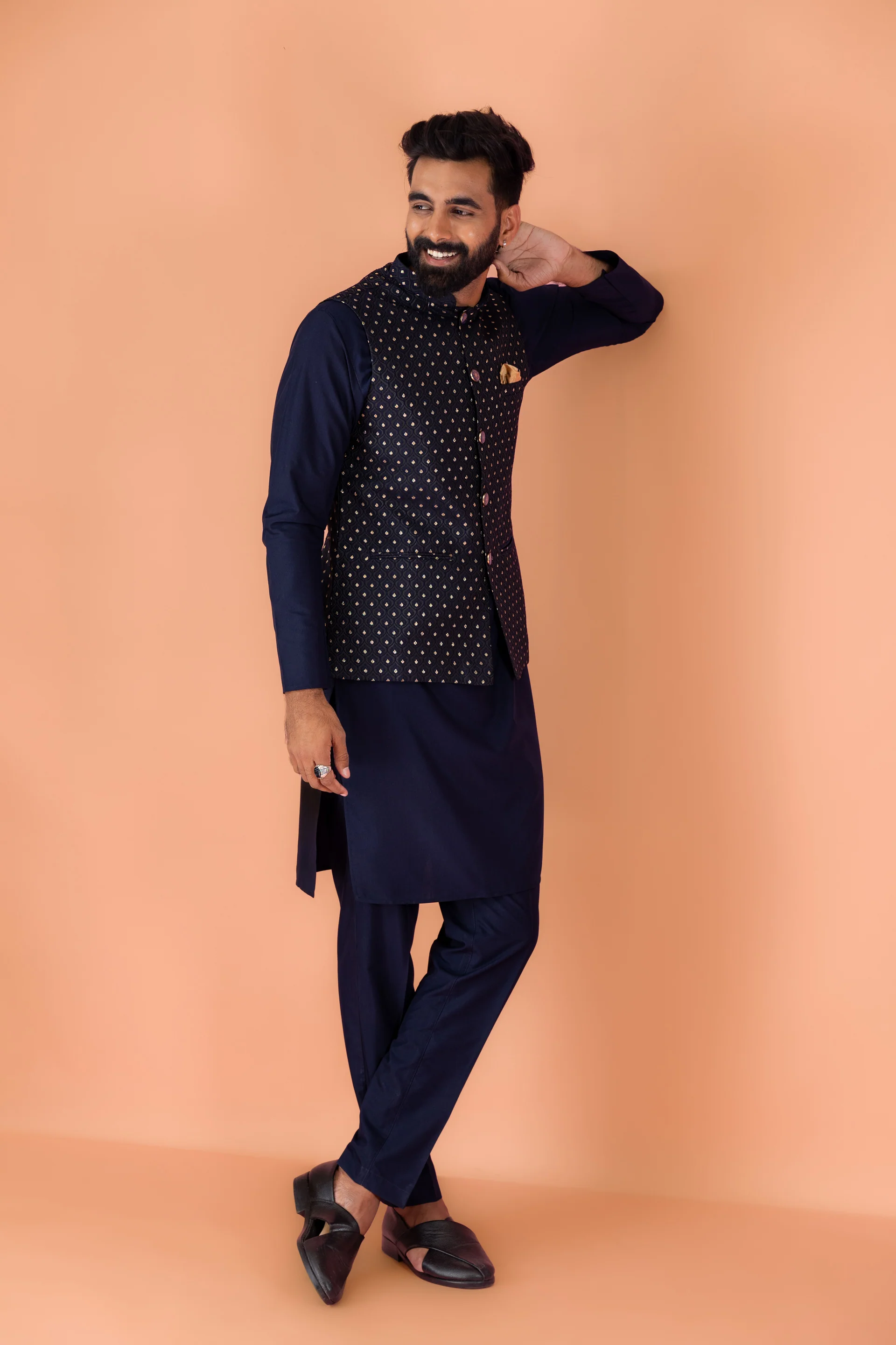 Navy Blue Jacket Kurta Trouser Set - Image 2