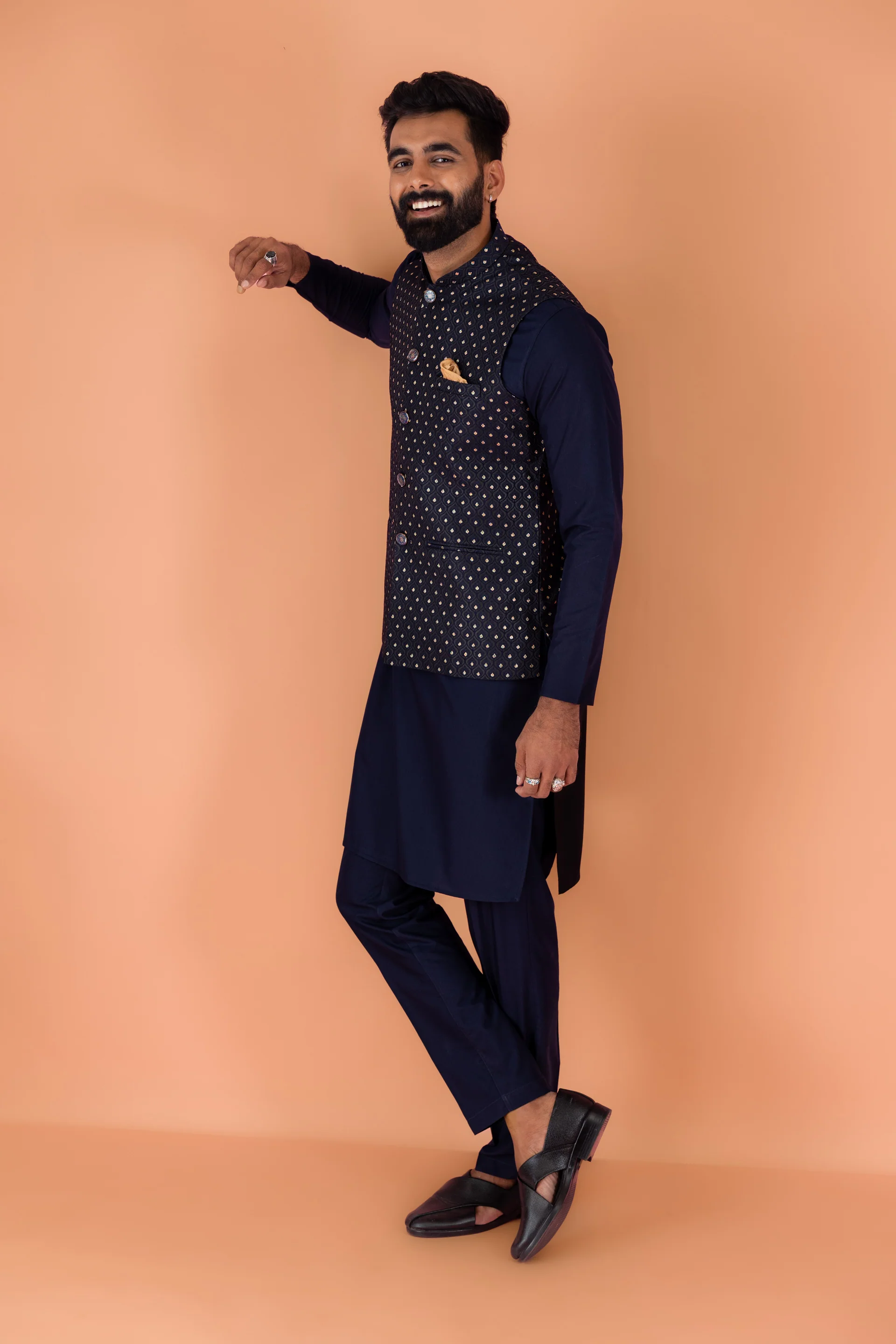 Navy Blue Jacket Kurta Trouser Set - Image 3
