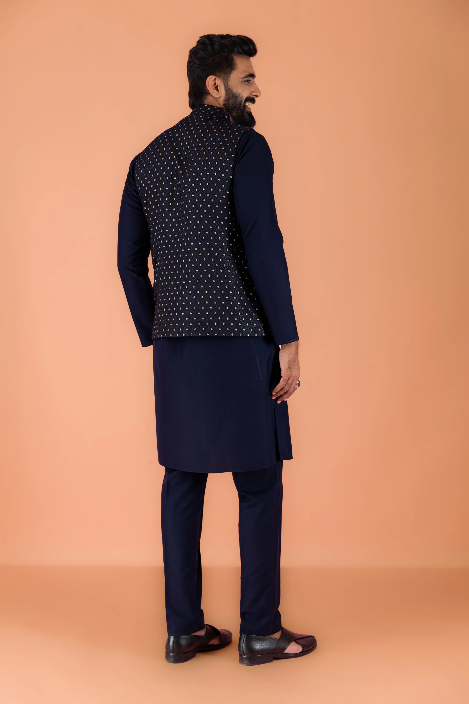 Navy Blue Jacket Kurta Trouser Set - Image 4