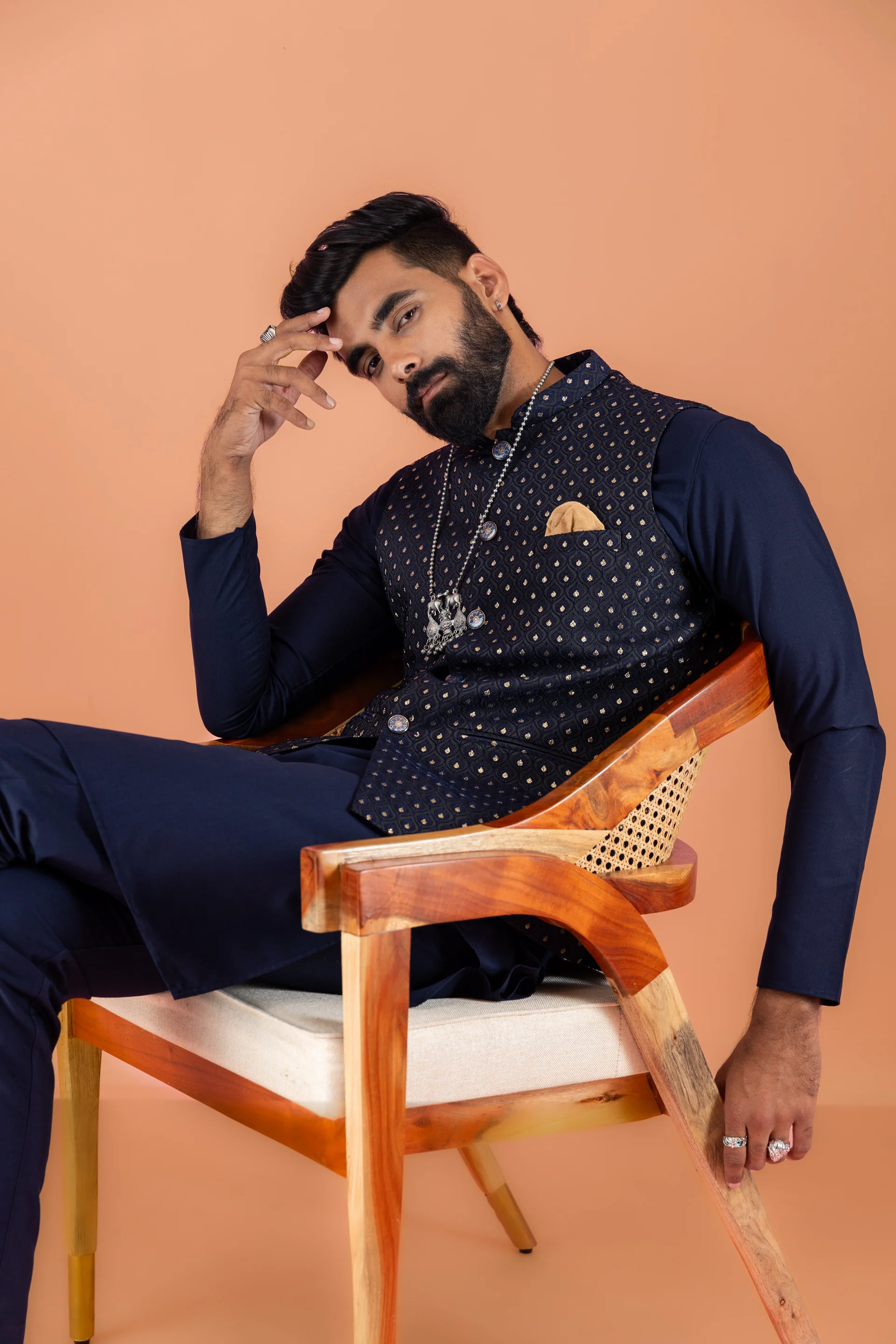 Navy Blue Jacket Kurta Trouser Set - Image 8