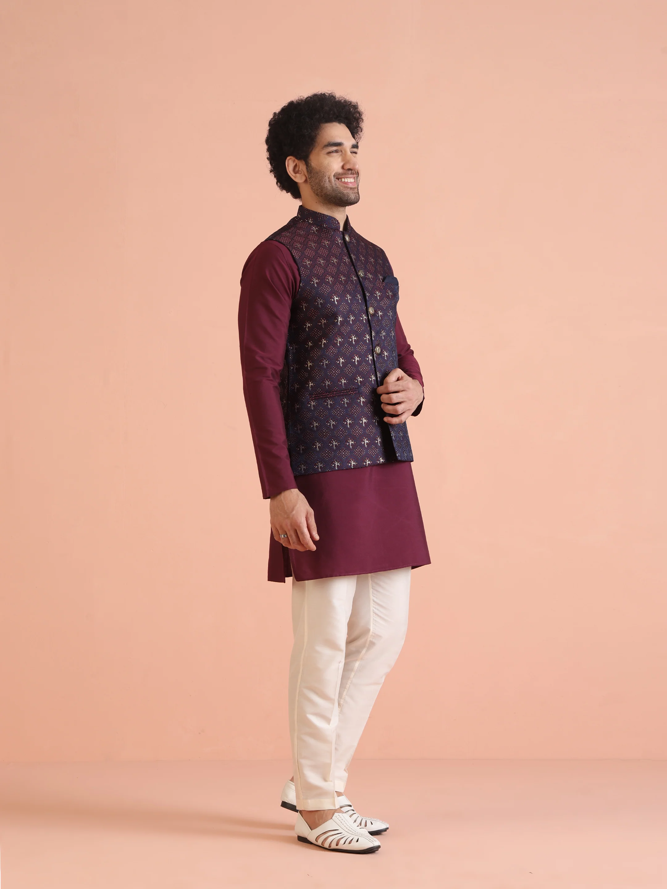 Maroon Jacquard Jacket Kurta Trouser Set - Image 2