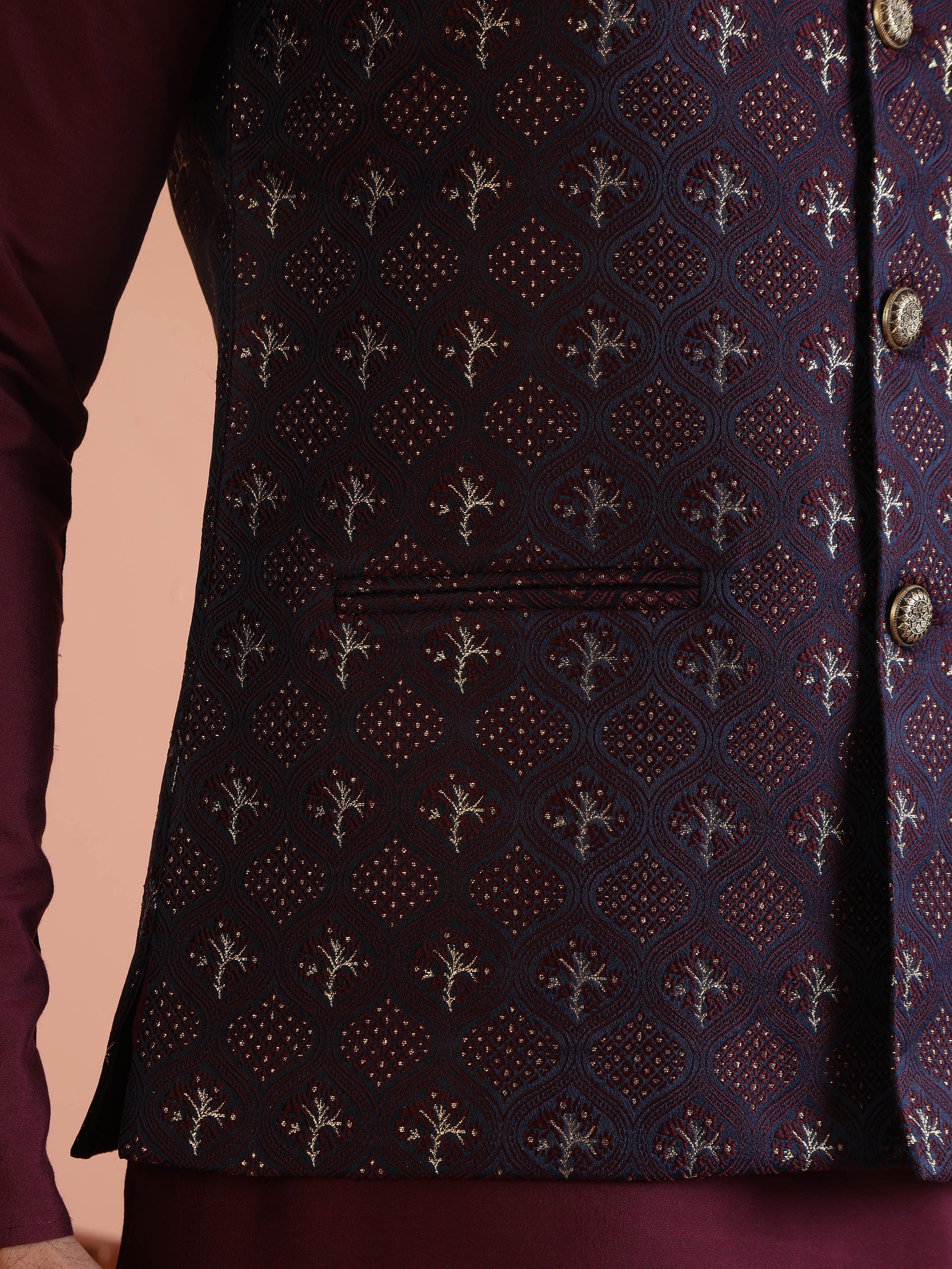Maroon Jacquard Jacket Kurta Trouser Set - Image 5