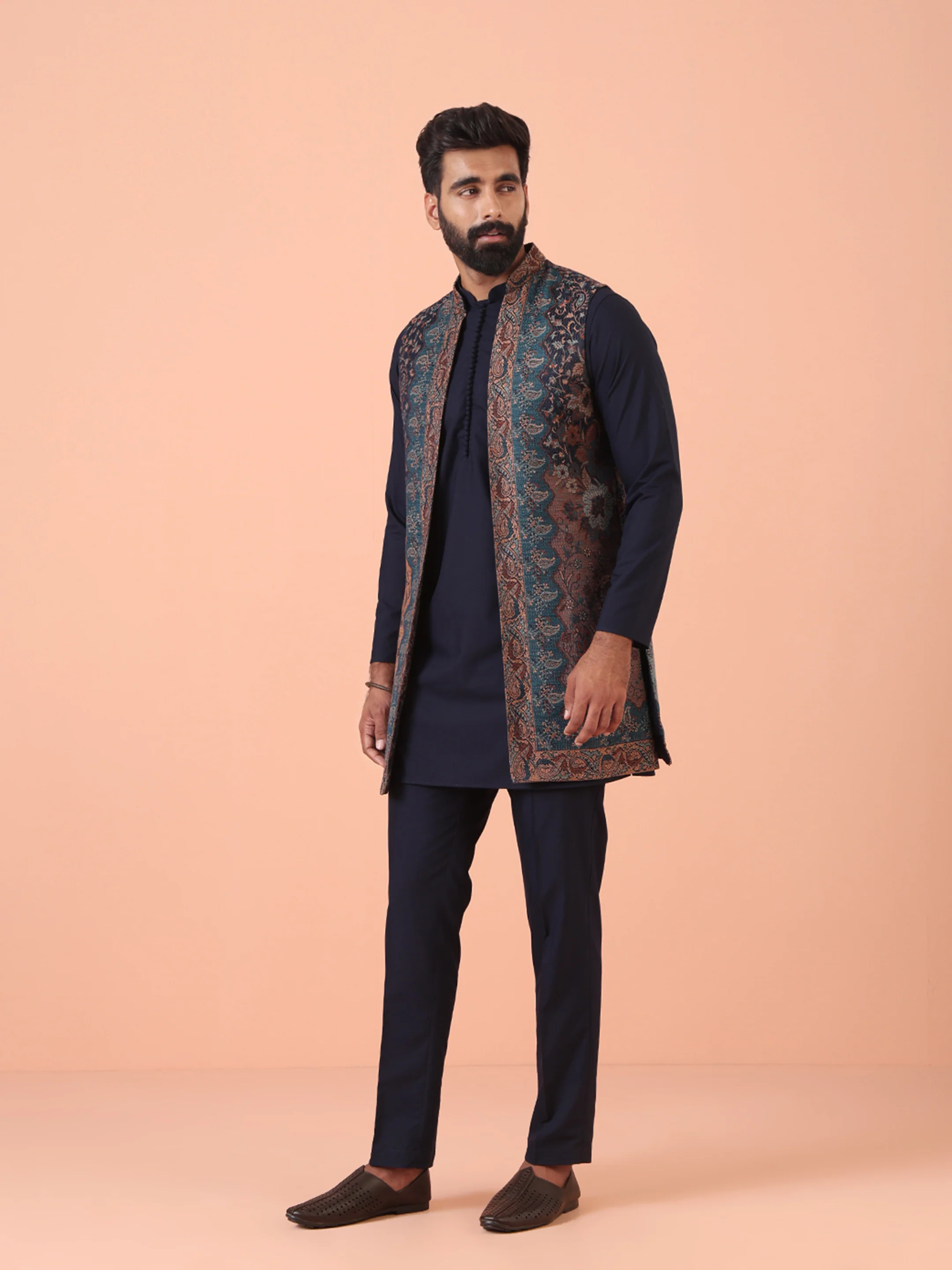 Navy Blue Cotton Silk Jacquard Nehru Jacket Kurta Trouser - Image 2