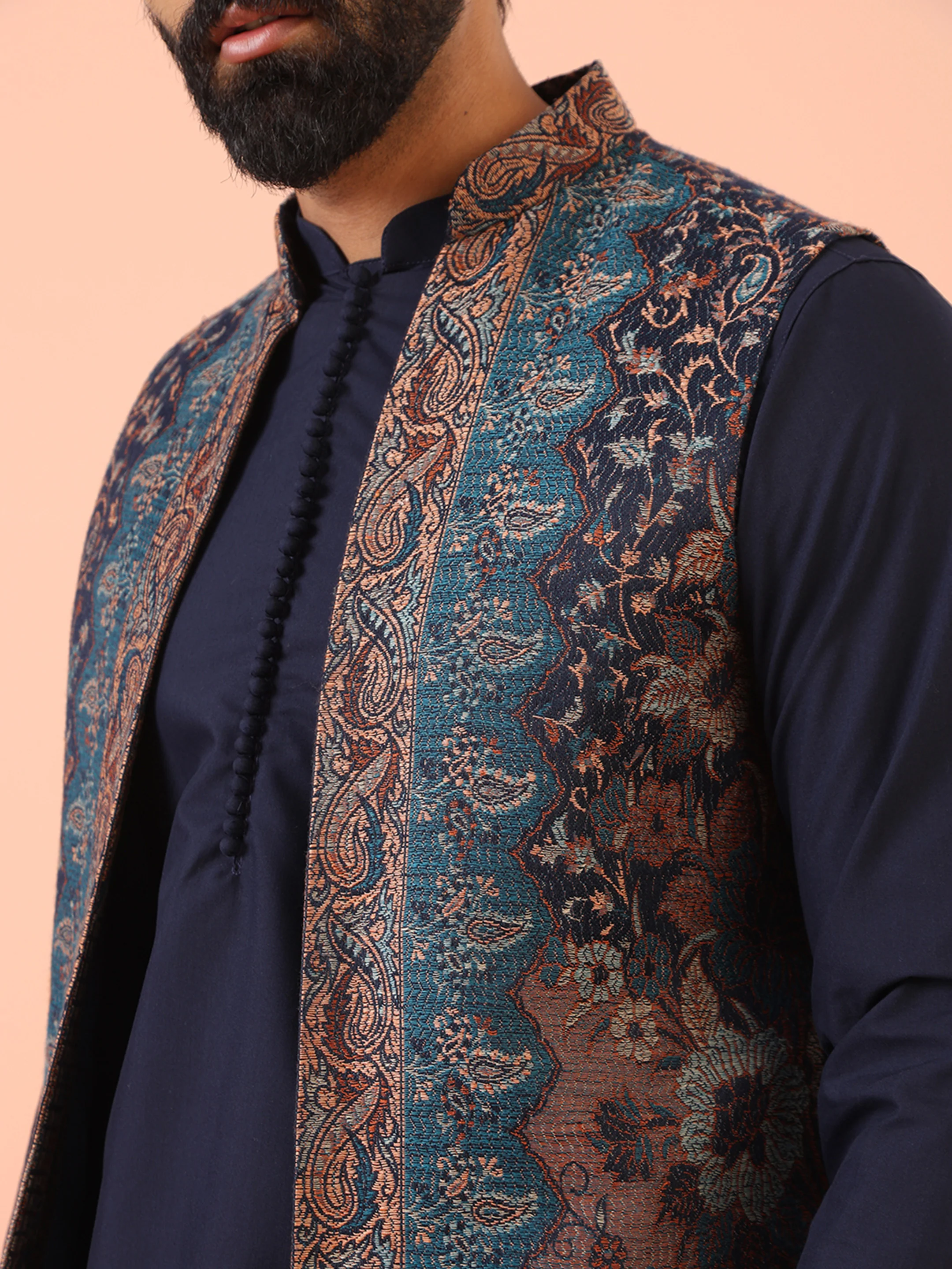Navy Blue Cotton Silk Jacquard Nehru Jacket Kurta Trouser - Image 3