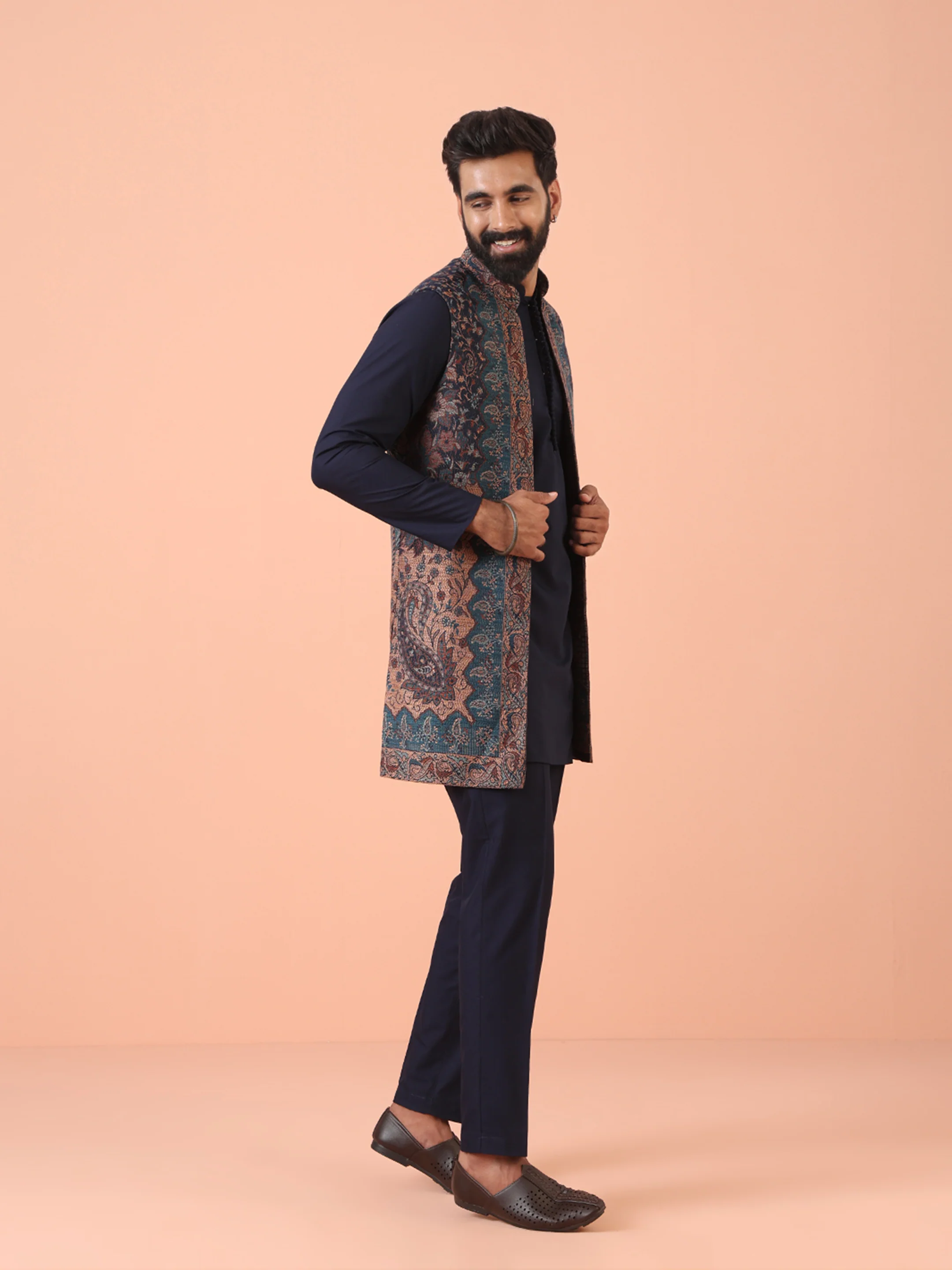 Navy Blue Cotton Silk Jacquard Nehru Jacket Kurta Trouser - Image 4