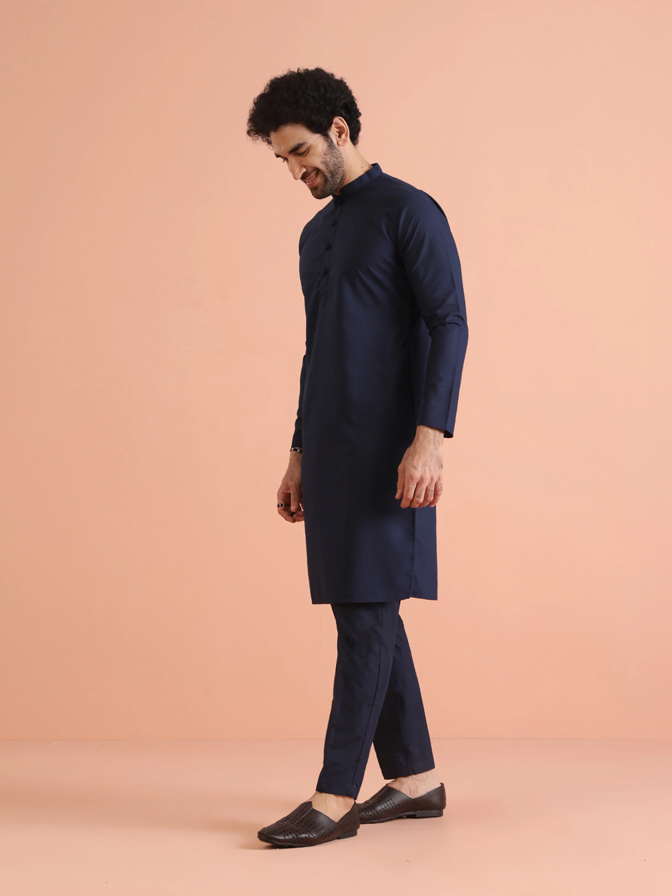 Navy Blue Cotton Plain Kurta - Image 2