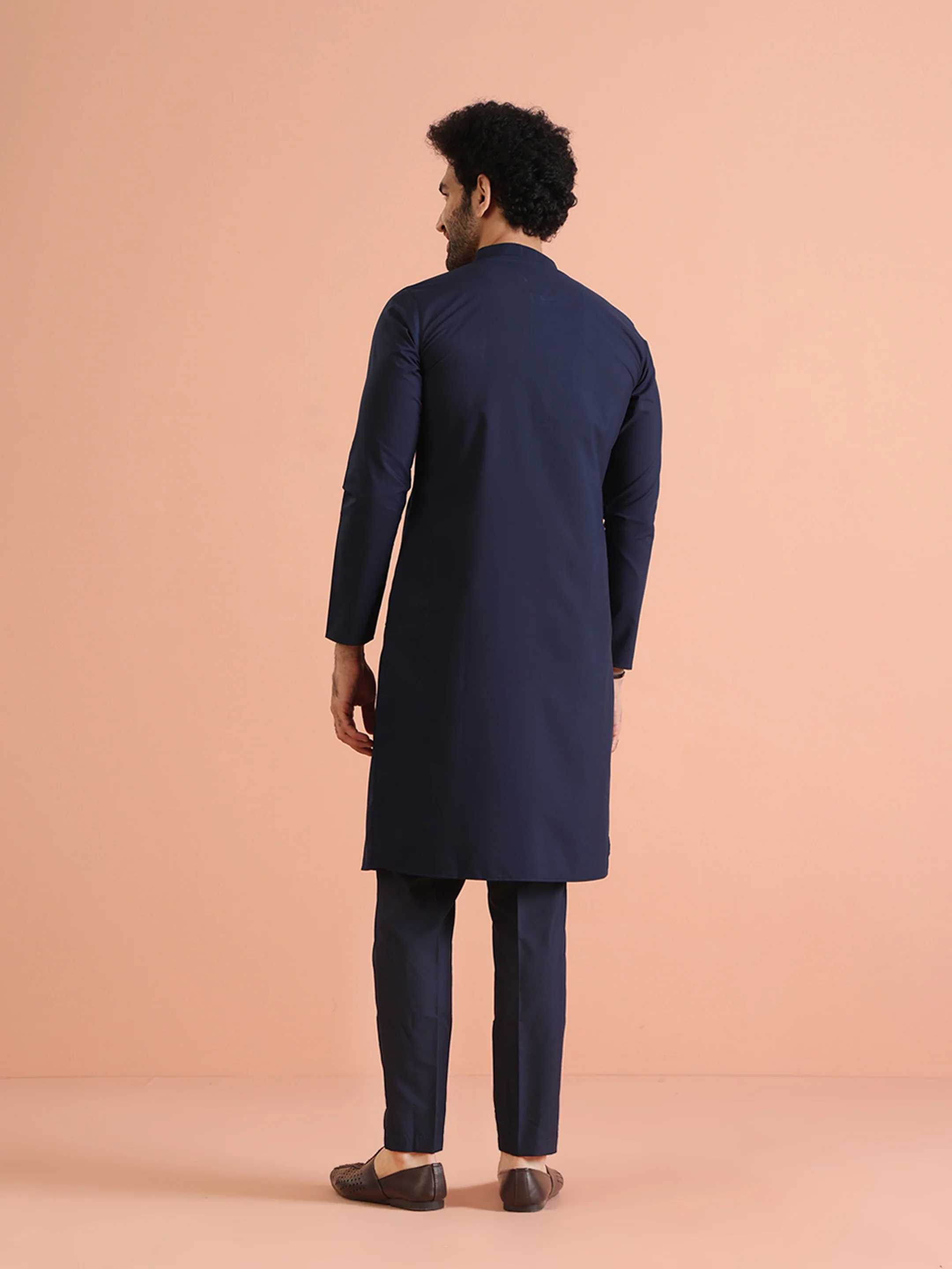 Navy Blue Cotton Plain Kurta - Image 4