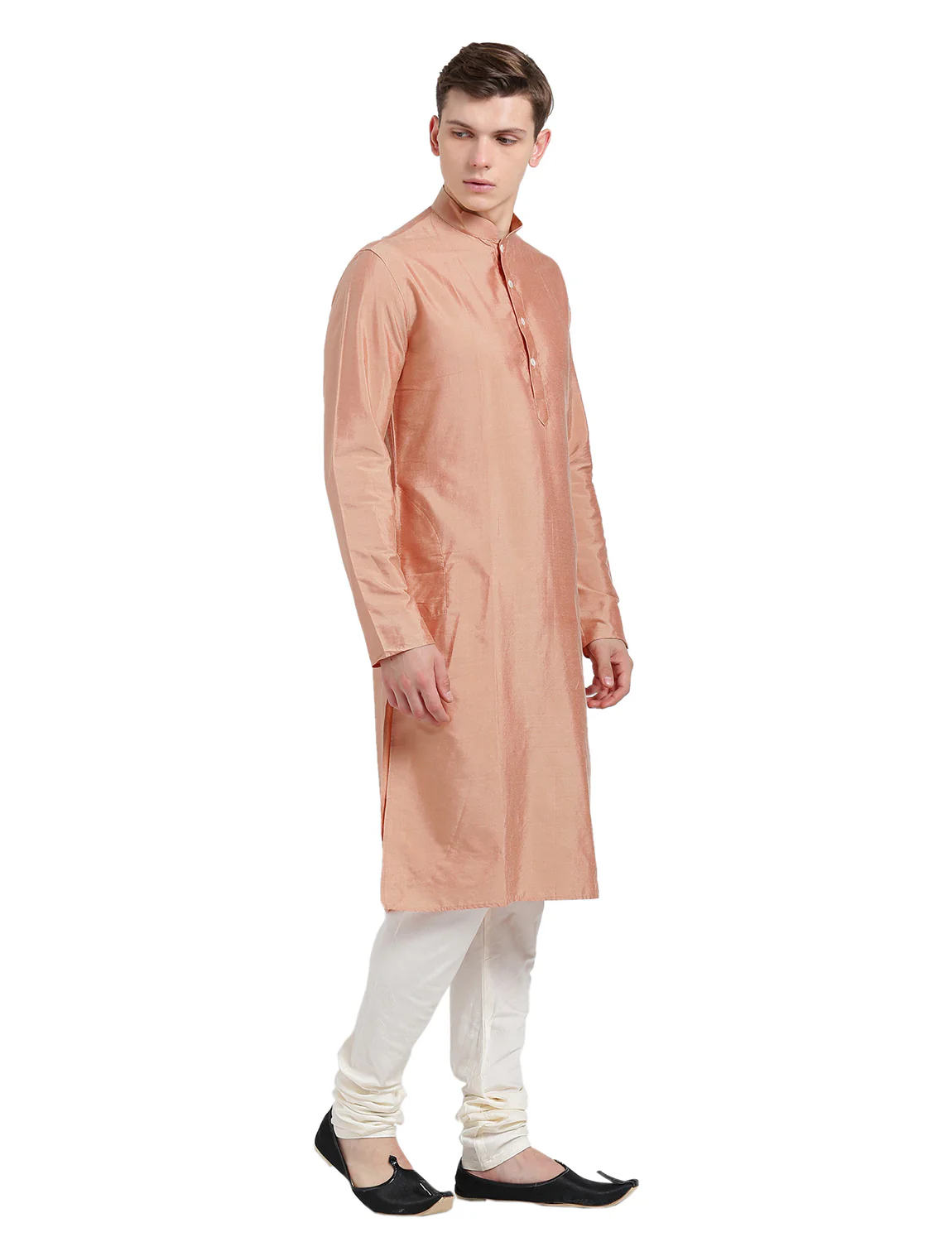Men Peach Silk Blend Solid Kurta Churidar Set â€“ Elegant Classic Festive Wear - Image 2