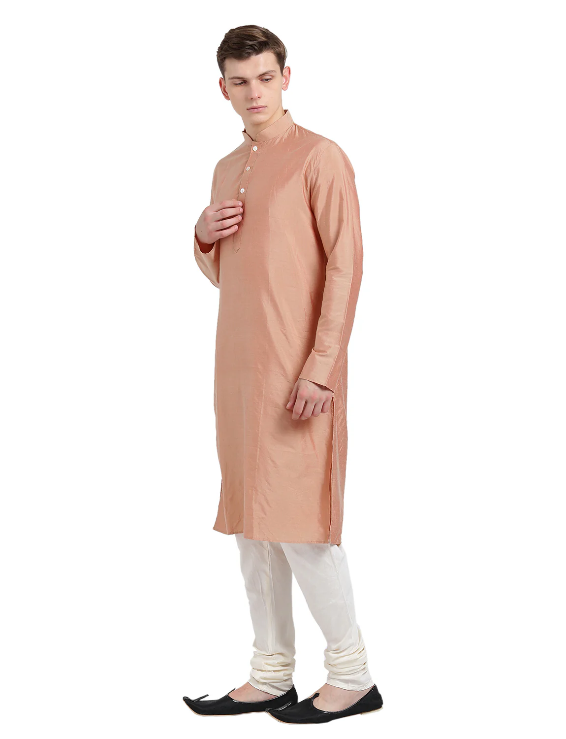Men Peach Silk Blend Solid Kurta Churidar Set â€“ Elegant Classic Festive Wear - Image 3