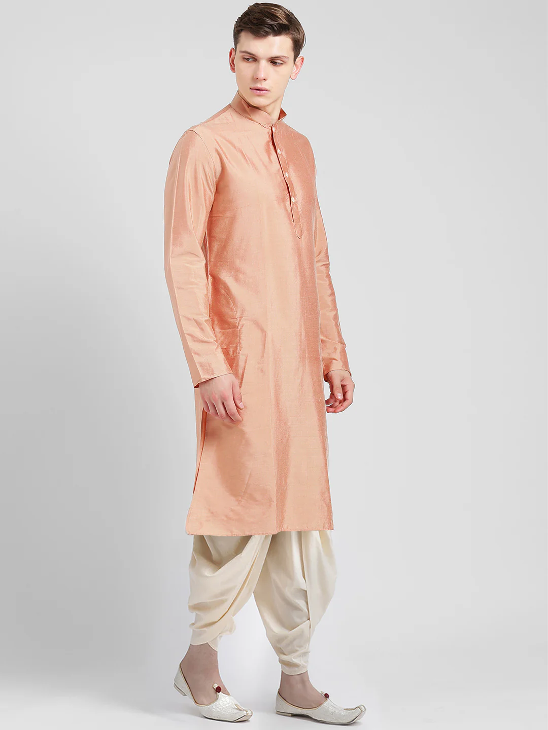 Peach Silk Blend Solid Kurta Cream Dhoti - Image 2