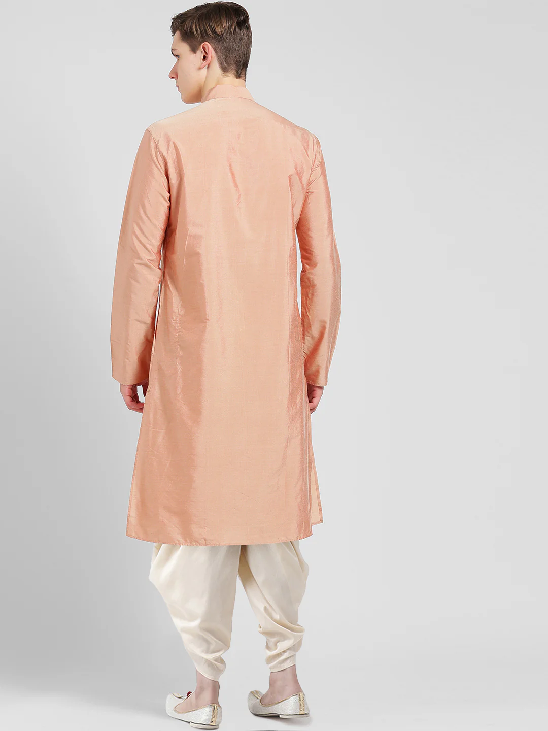 Peach Silk Blend Solid Kurta Cream Dhoti - Image 3