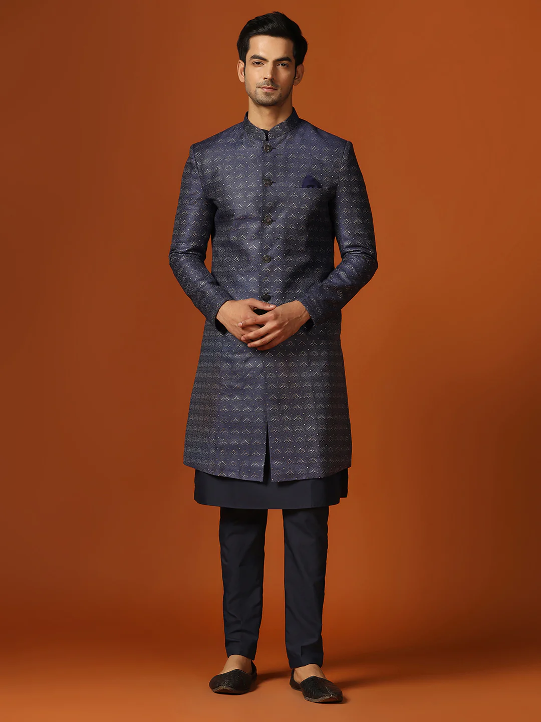 Men Navy Blue Kurta Indowestern Trouser Set