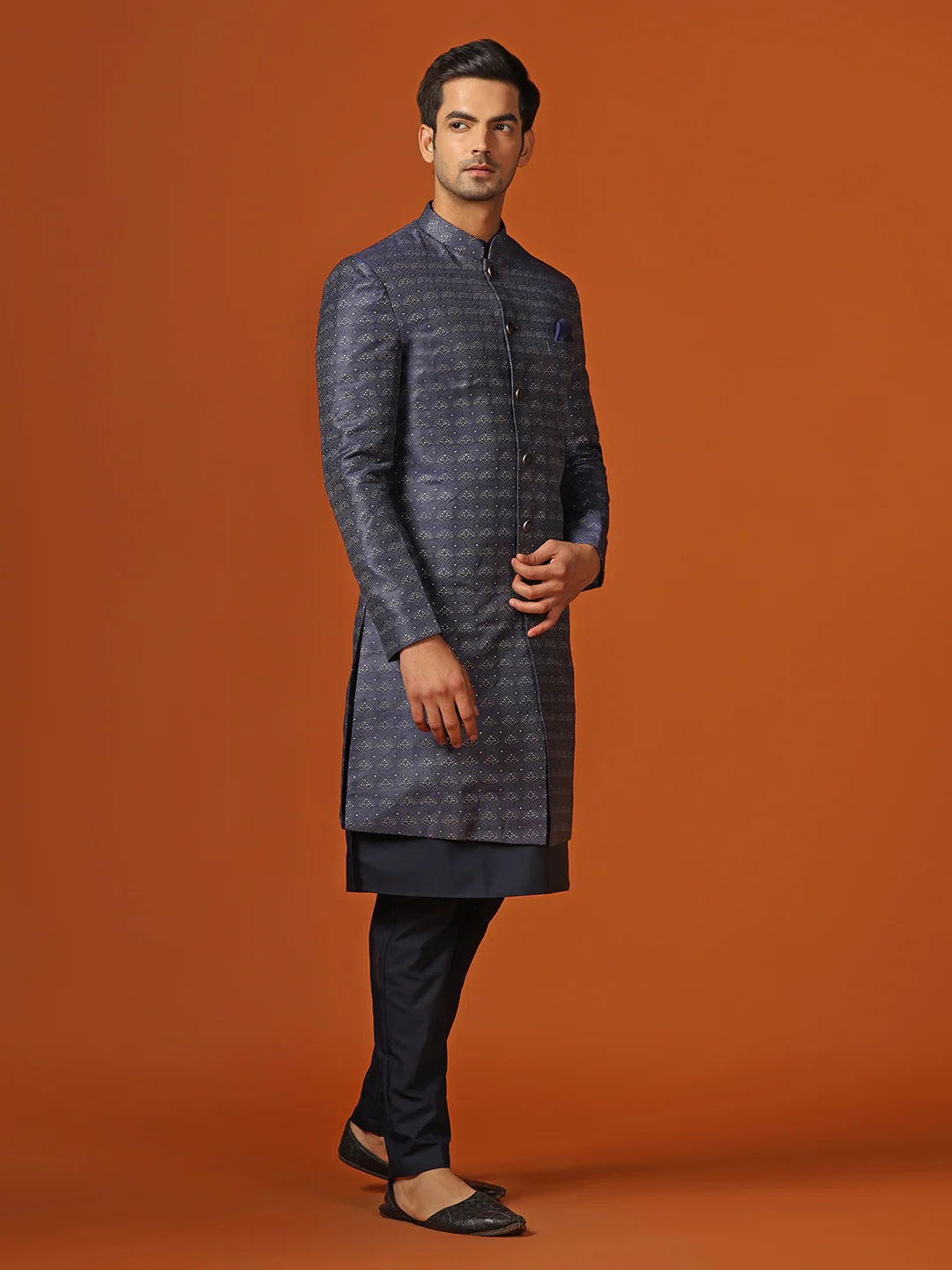 Men Navy Blue Kurta Indowestern Trouser Set - Image 3