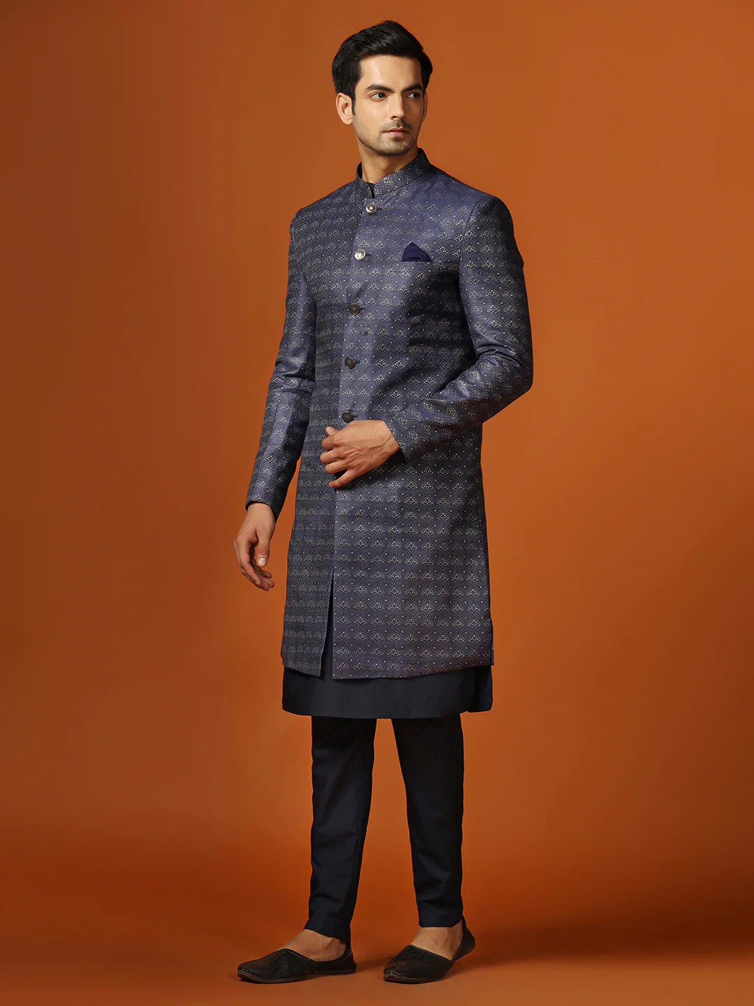 Men Navy Blue Kurta Indowestern Trouser Set - Image 4