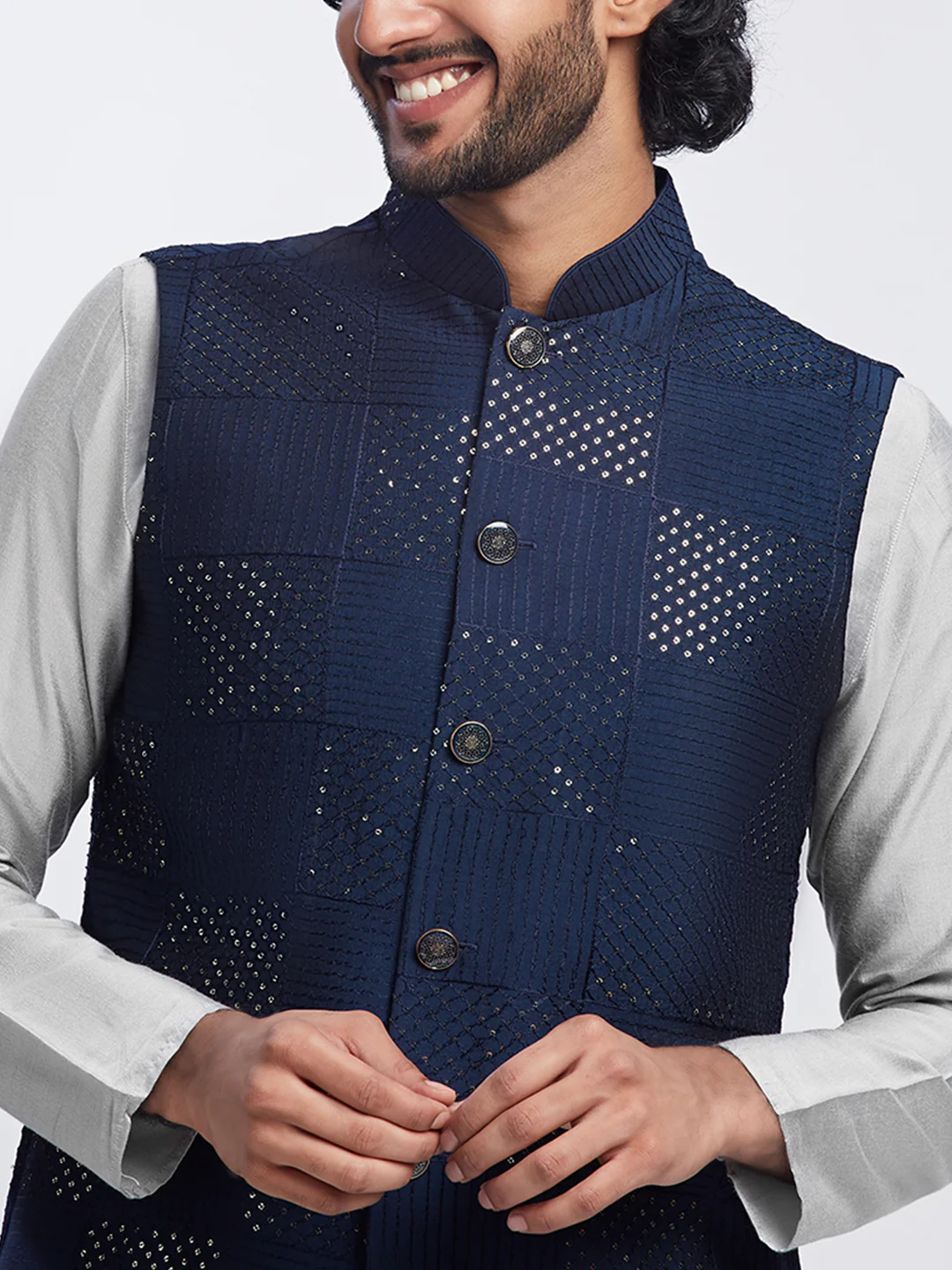 Men Navy Blue Kurta Jacket Churidar Set - Image 6