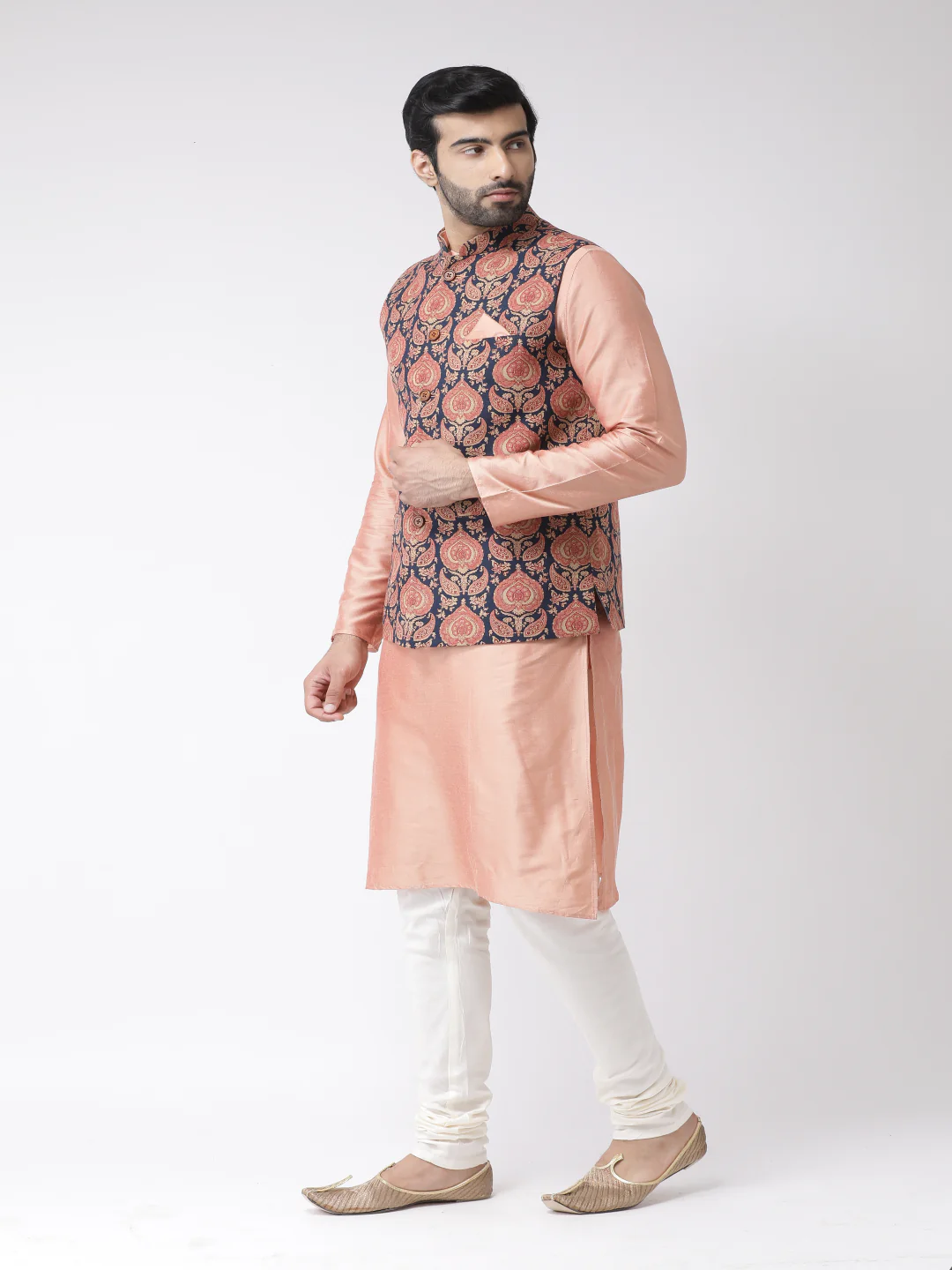 Men Navy Blue Printed Kurta Jacket Set - Image 2