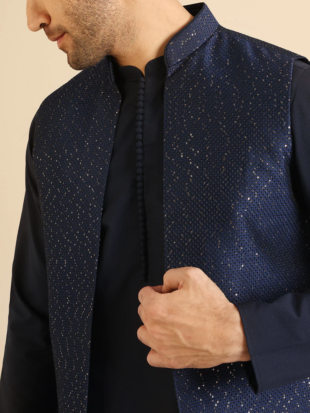 Navy Blue Silk Blend Metallic Jacket Kurta Trouser Set - Image 10