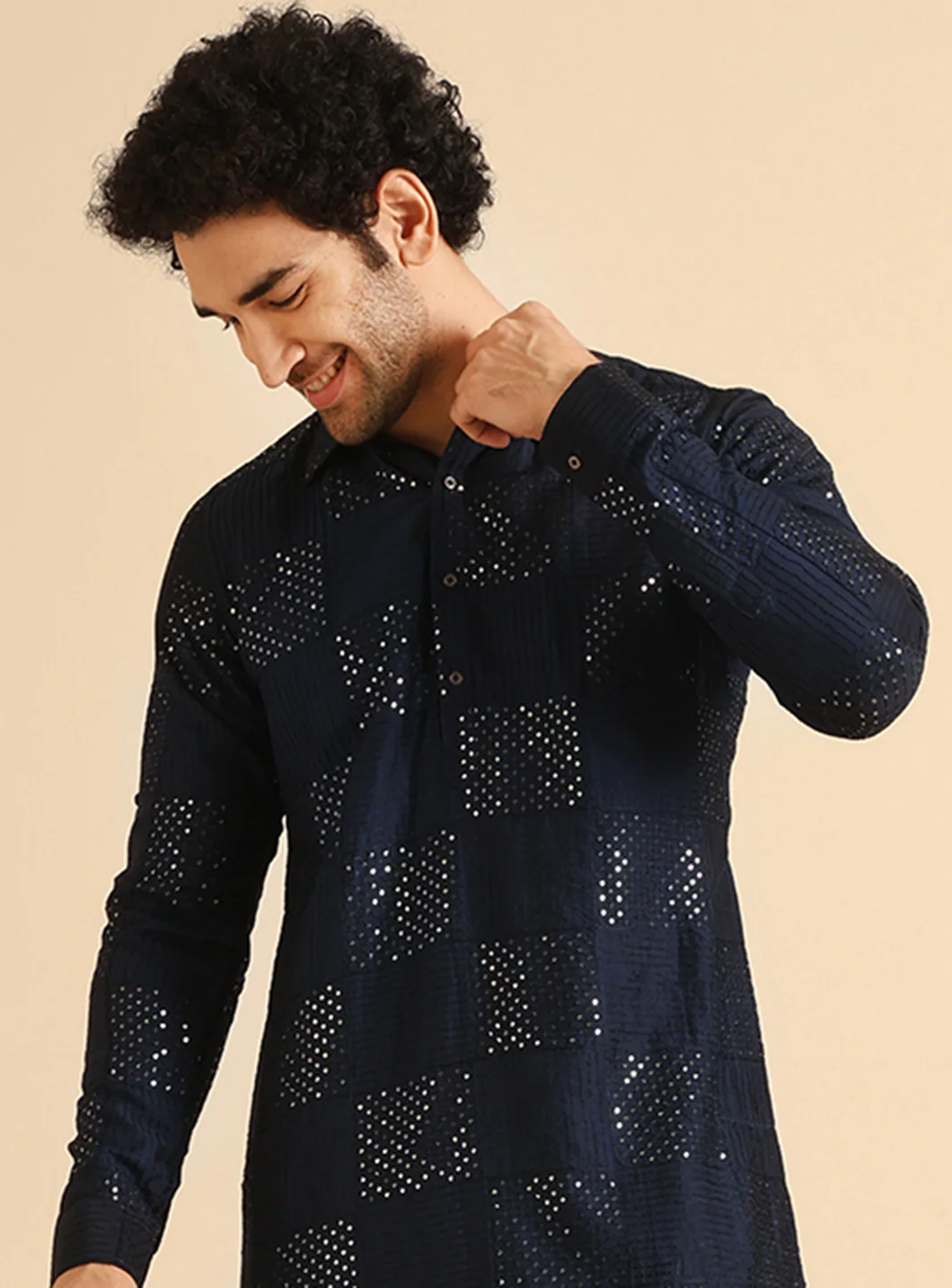 Navy Blue Sequinned Silk Blend Pathani Kurta - Image 5