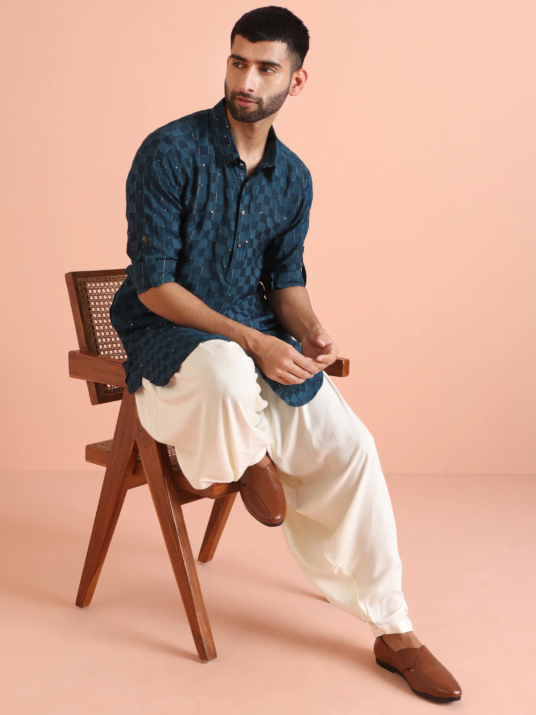 Blue Self-Checkered Pathani Kurta - Image 6