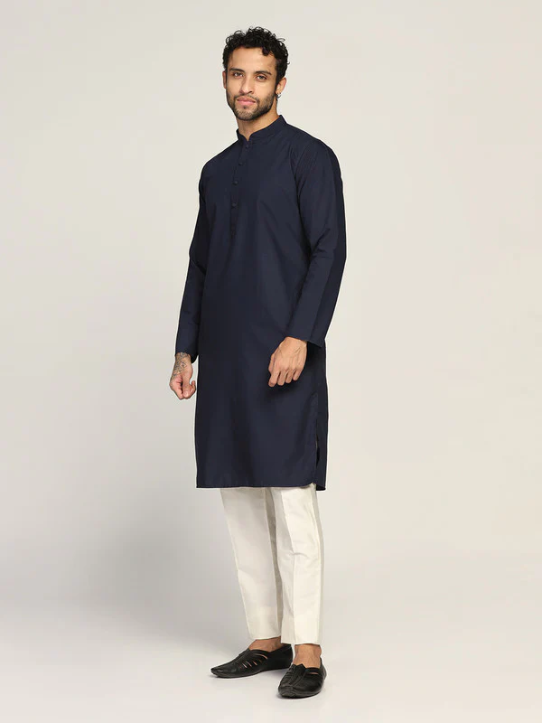 Navy Blue Cotton Silk Solid Kurta Trouser Set - Image 3