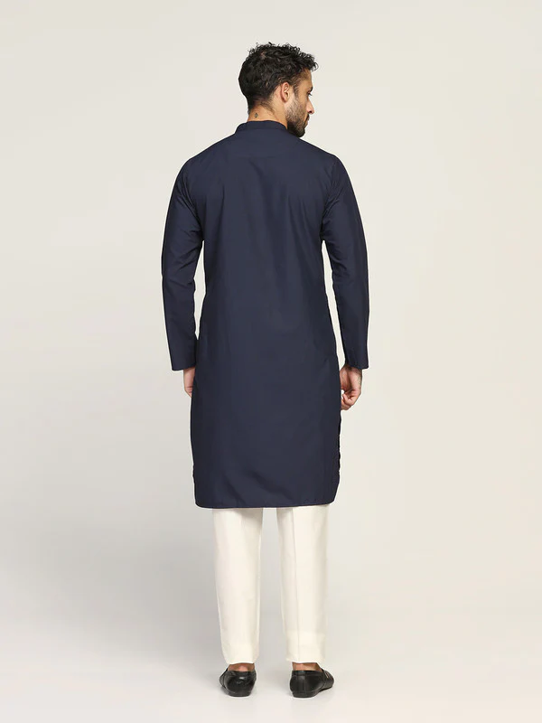 Navy Blue Cotton Silk Solid Kurta Trouser Set - Image 4