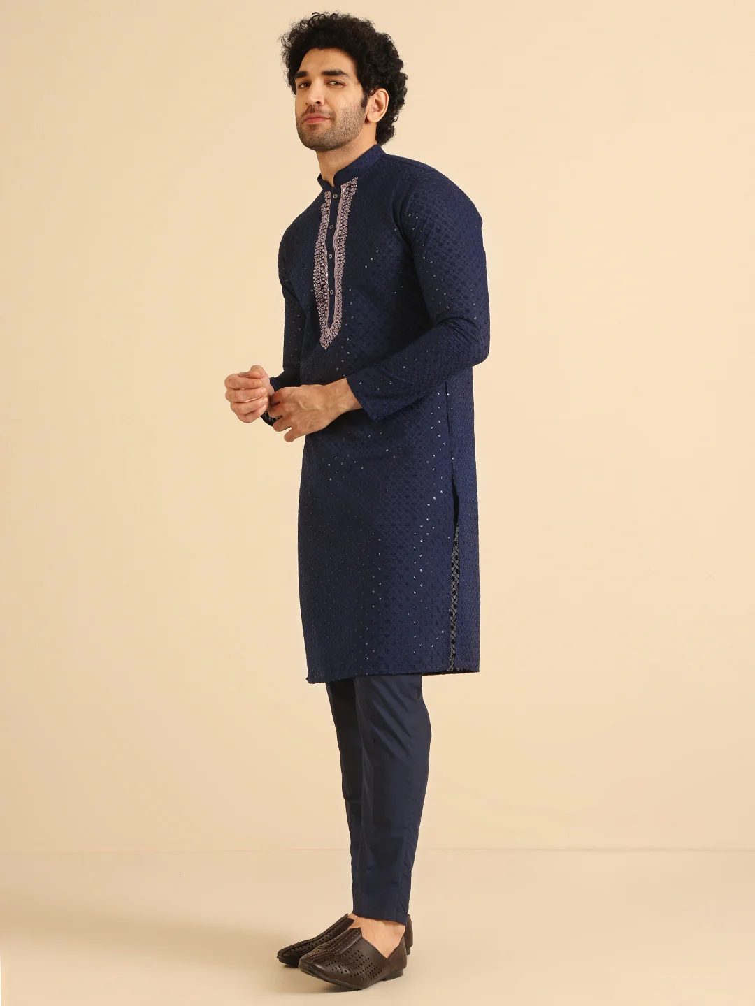Men Navy Blue Kurta Trouser Set - Image 2
