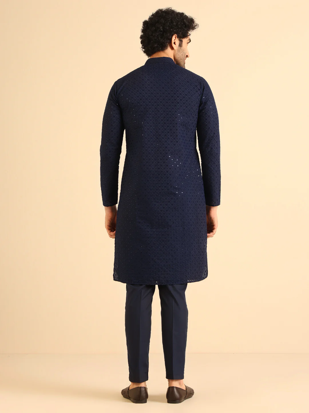 Men Navy Blue Kurta Trouser Set - Image 4