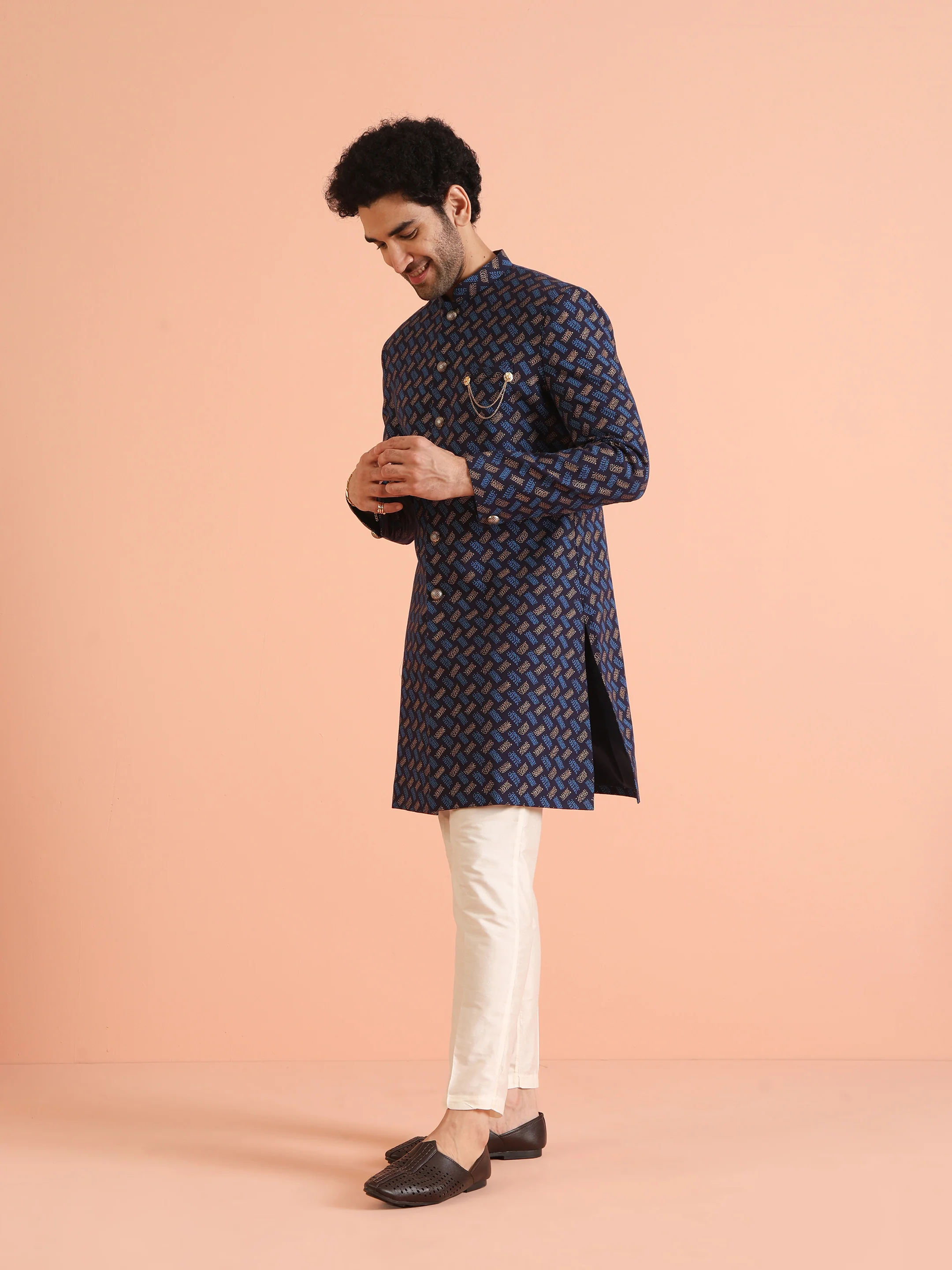 Navy Blue Jacquard Sherwani with Beige Trouser - Image 2