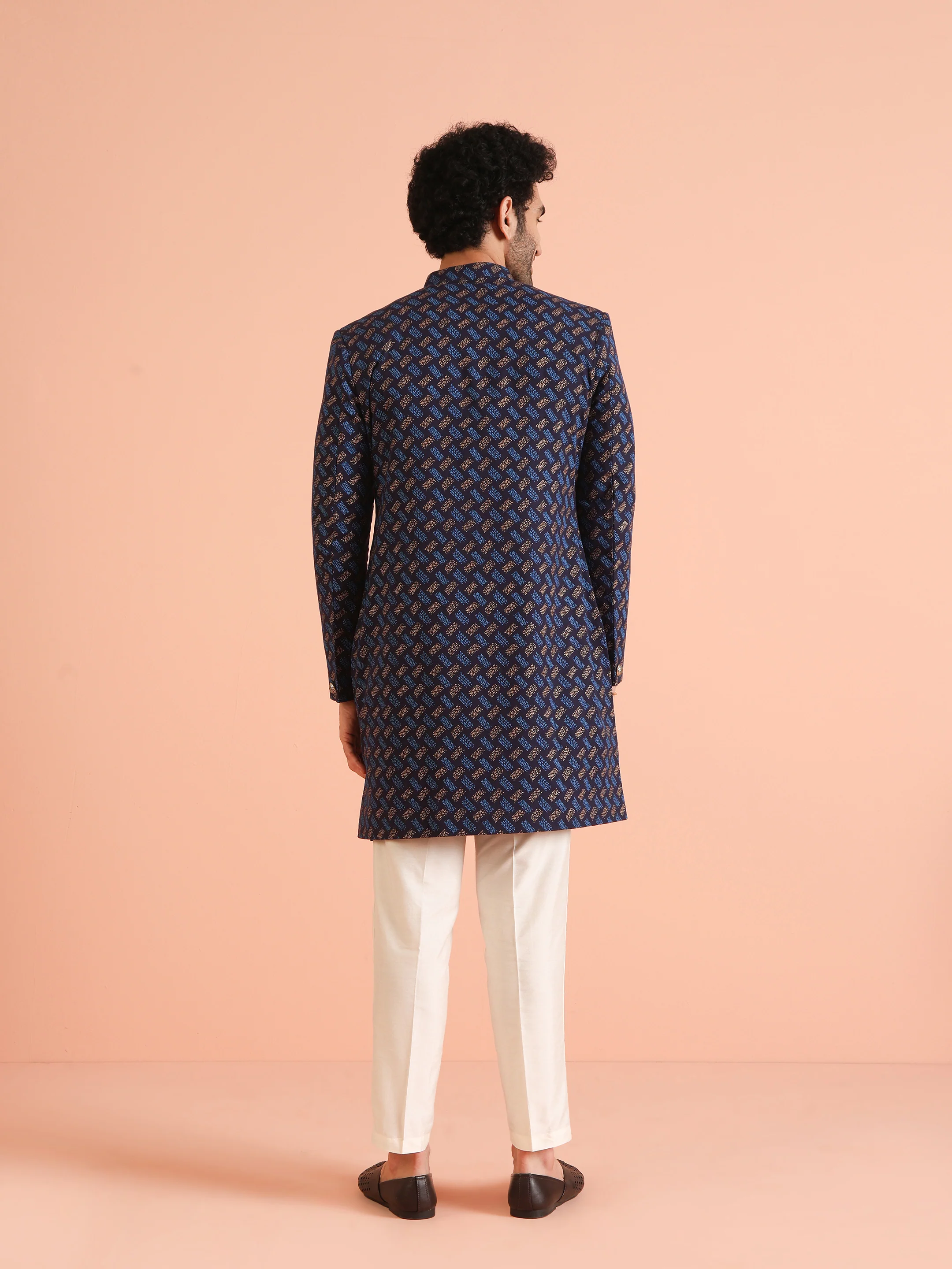 Navy Blue Jacquard Sherwani with Beige Trouser - Image 3
