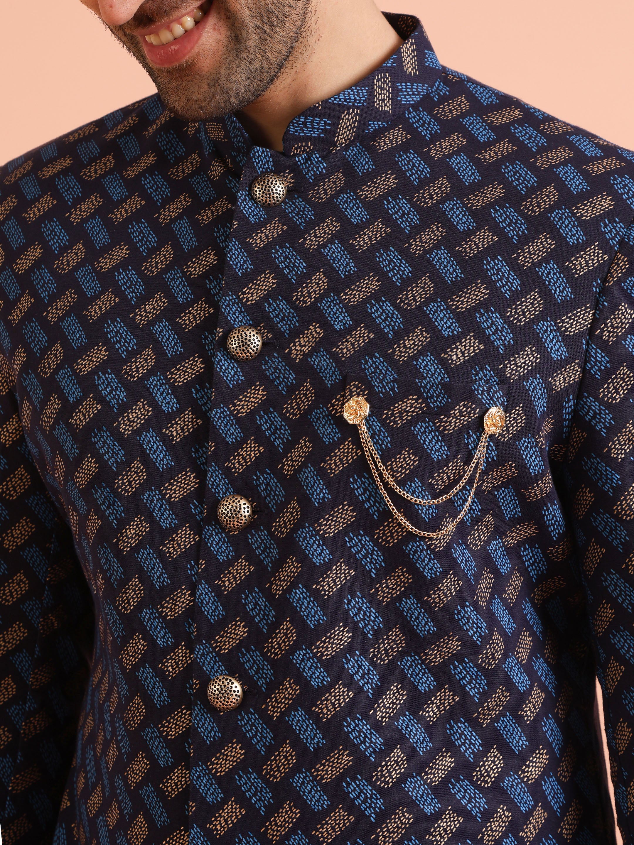 Navy Blue Jacquard Sherwani with Beige Trouser - Image 4
