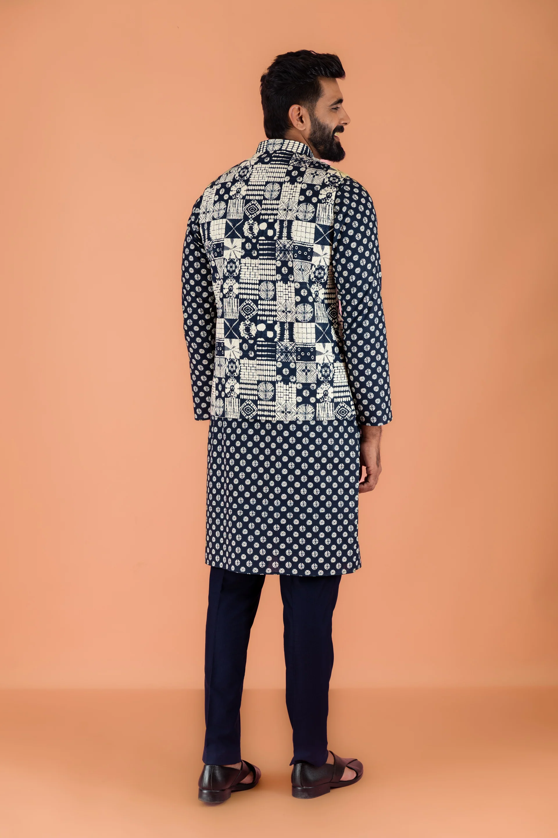 Navy Blue Printed Nehru Jacket Kurta Set - Image 5