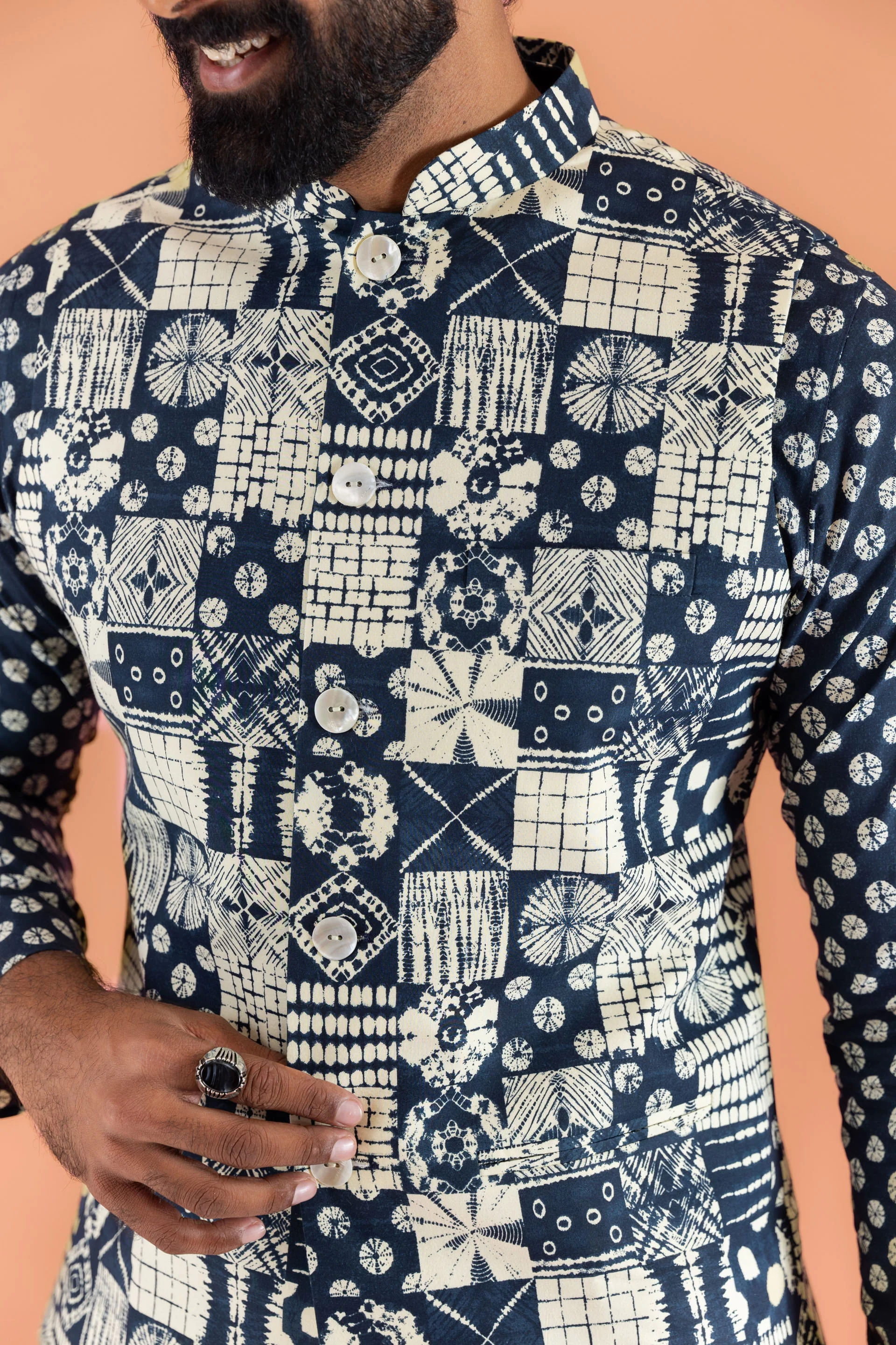 Navy Blue Printed Nehru Jacket Kurta Set - Image 6