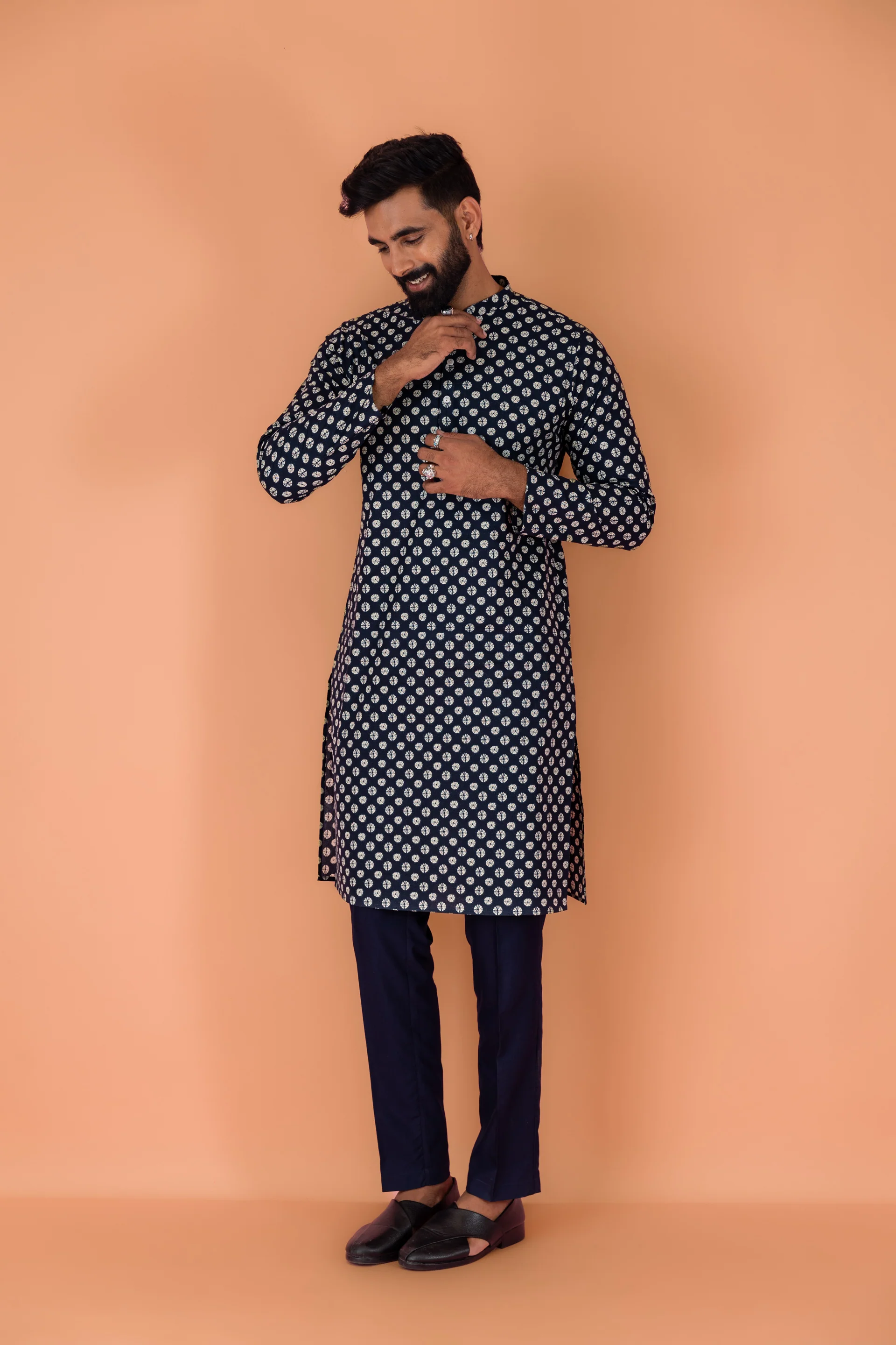 Navy Blue Printed Nehru Jacket Kurta Set - Image 8