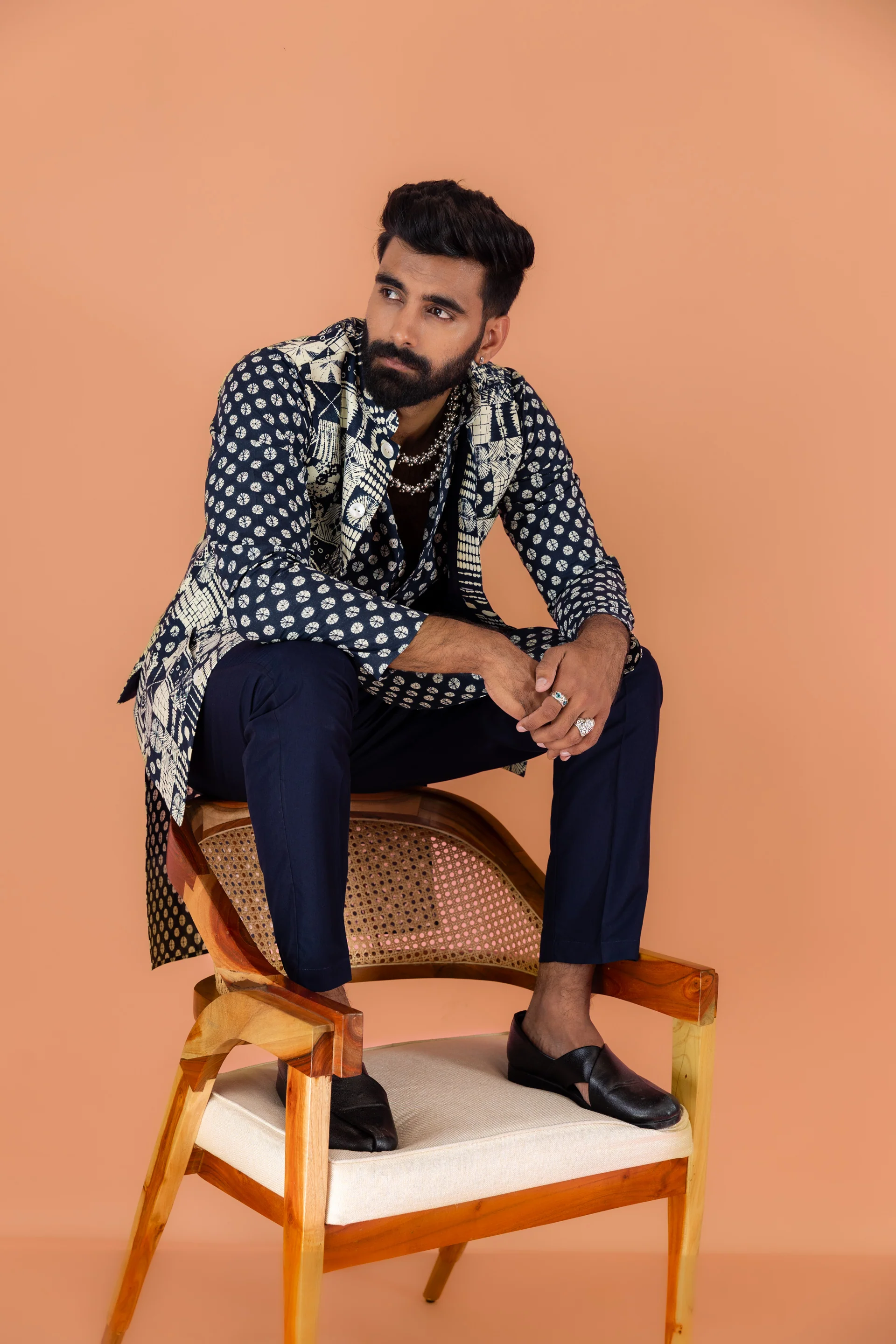 Navy Blue Printed Nehru Jacket Kurta Set - Image 9